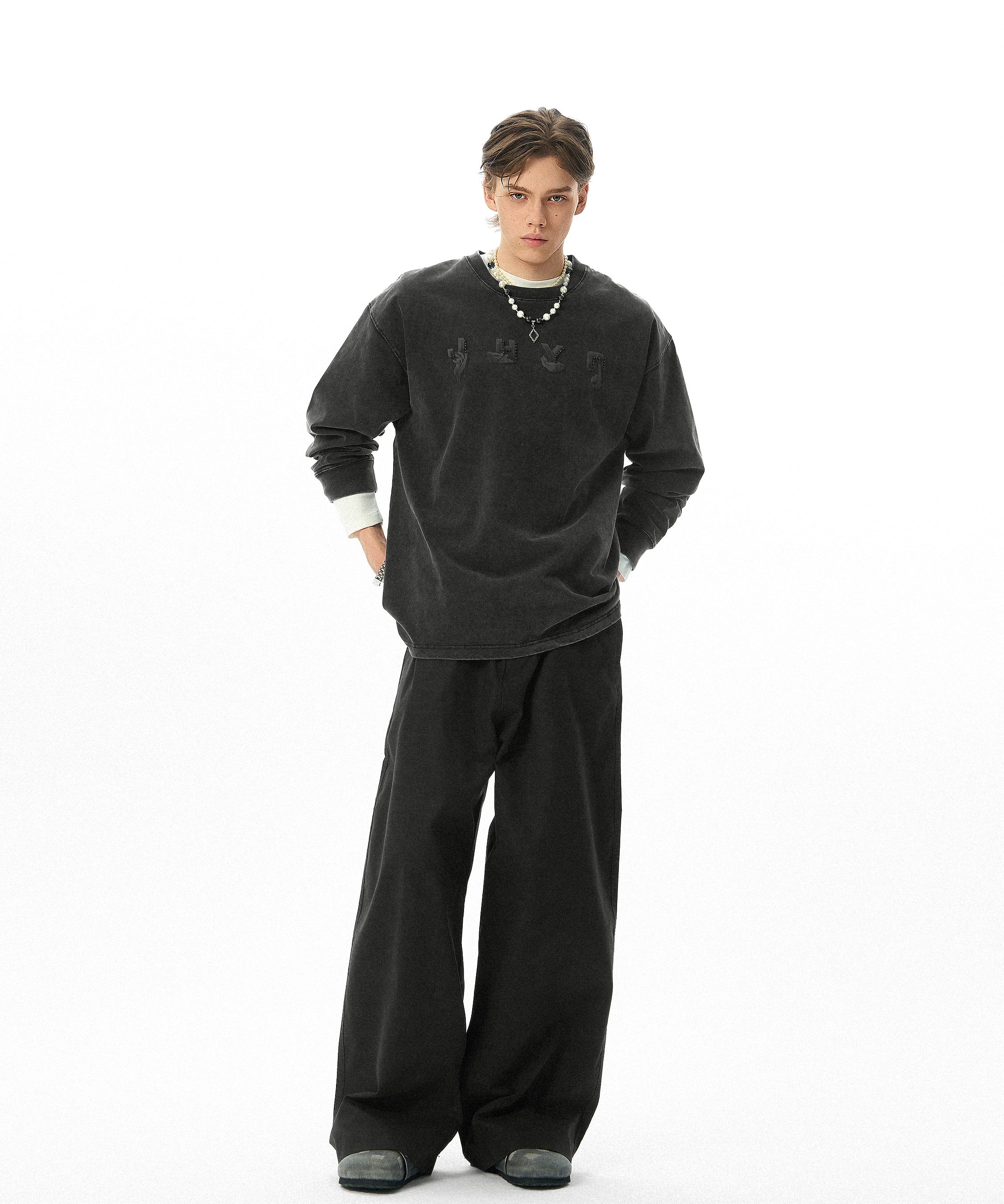 【创意手势】JHYQ美式320g复古水洗钉珠长袖T恤男宽松休闲卫衣男