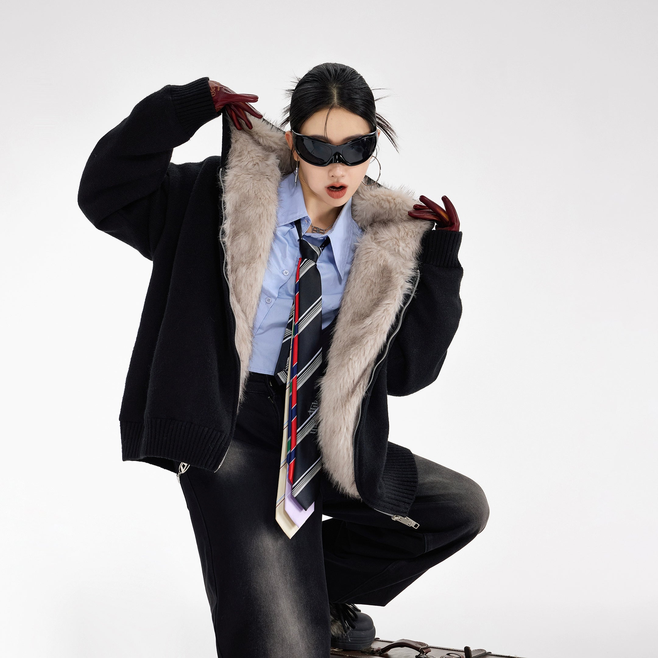 ICH MODE 美式复古座山雕针织开衫棉服女秋冬季宽松加厚棉衣外套