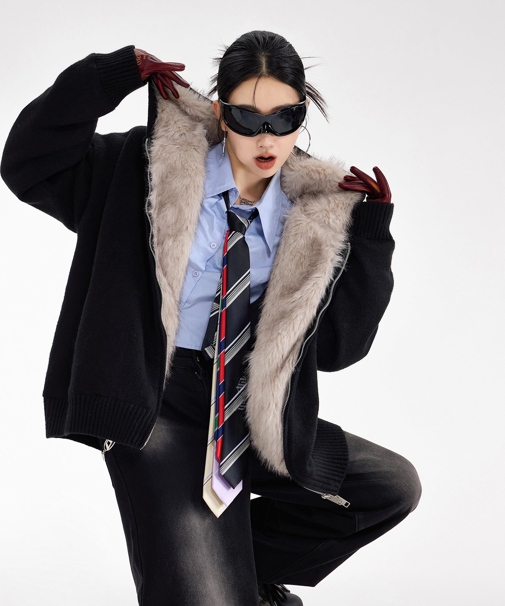 ICH MODE 美式复古座山雕针织开衫棉服女秋冬季宽松加厚棉衣外套