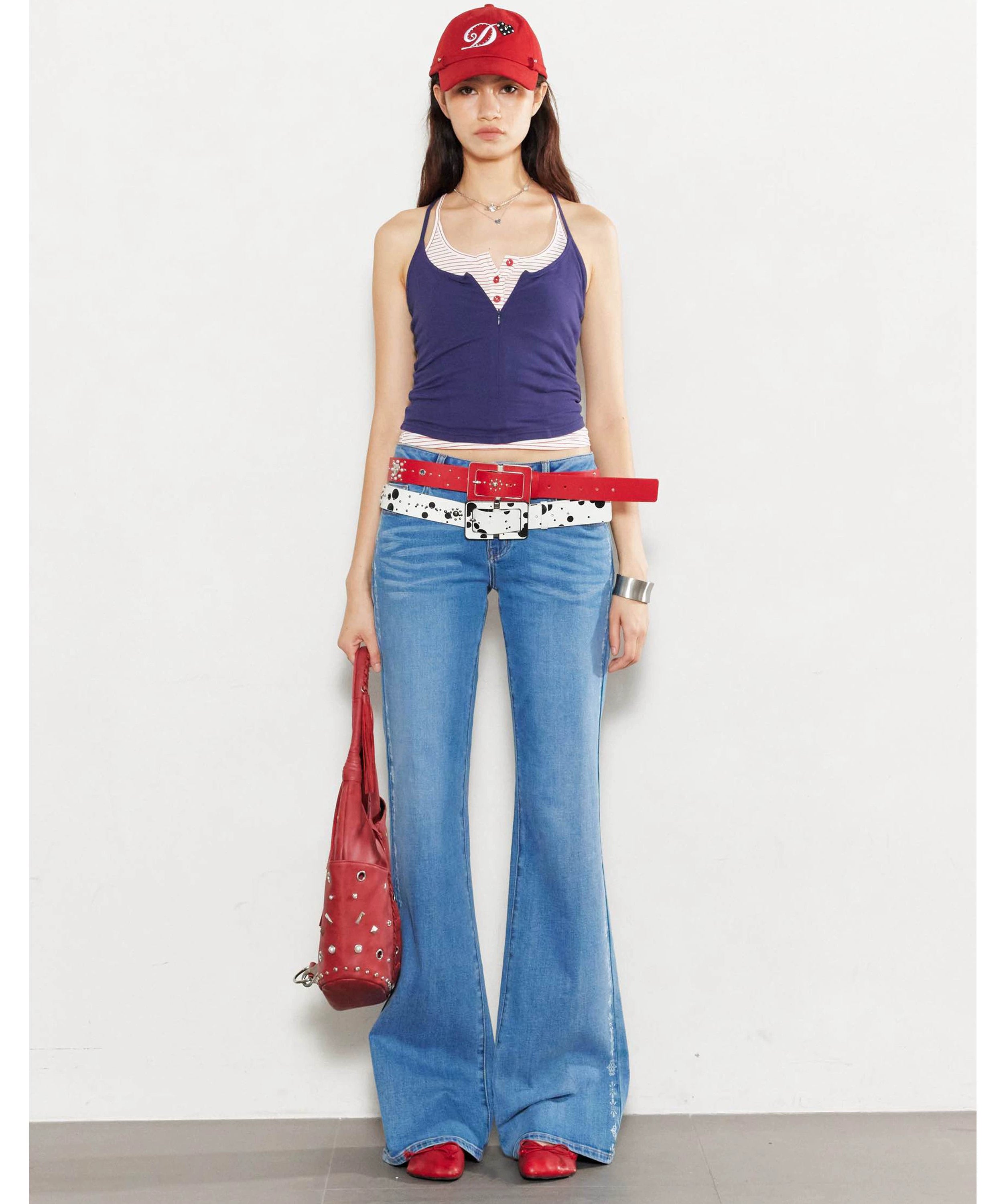 2th Desire复古撞色红条烫钻图腾印花原牛低腰显瘦直筒牛仔裤女