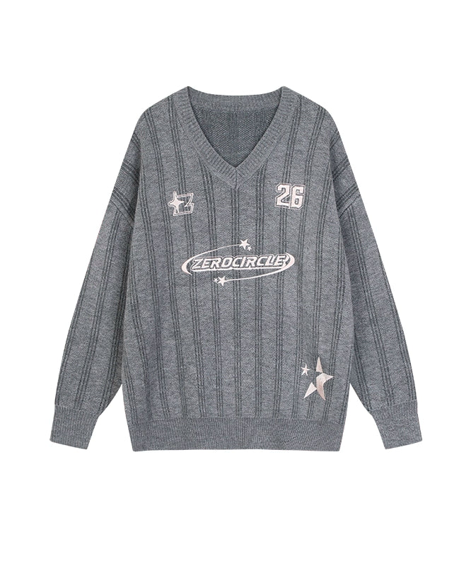 野生zerocircle 粉灰色条纹刺绣v领毛衣女春秋慵懒风显瘦针织上衣