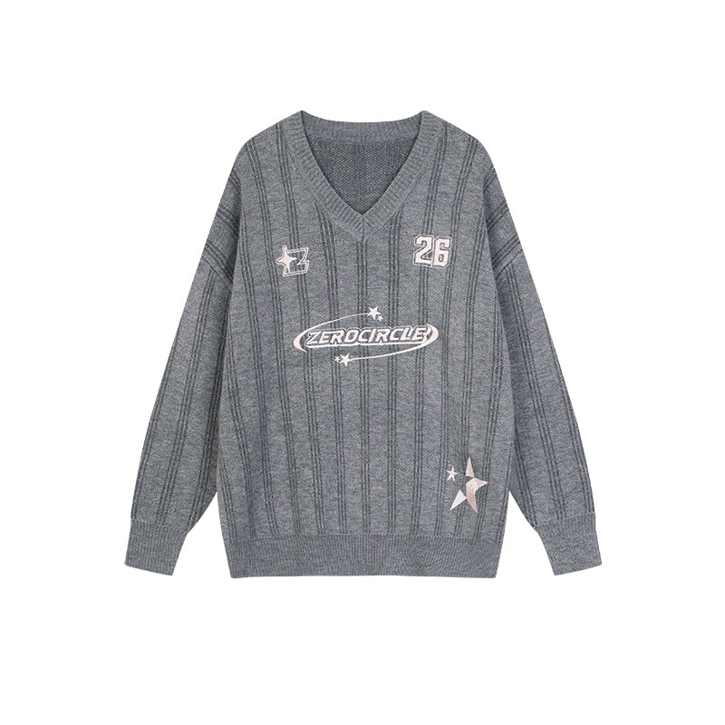 野生zerocircle 粉灰色条纹刺绣v领毛衣女春秋慵懒风显瘦针织上衣