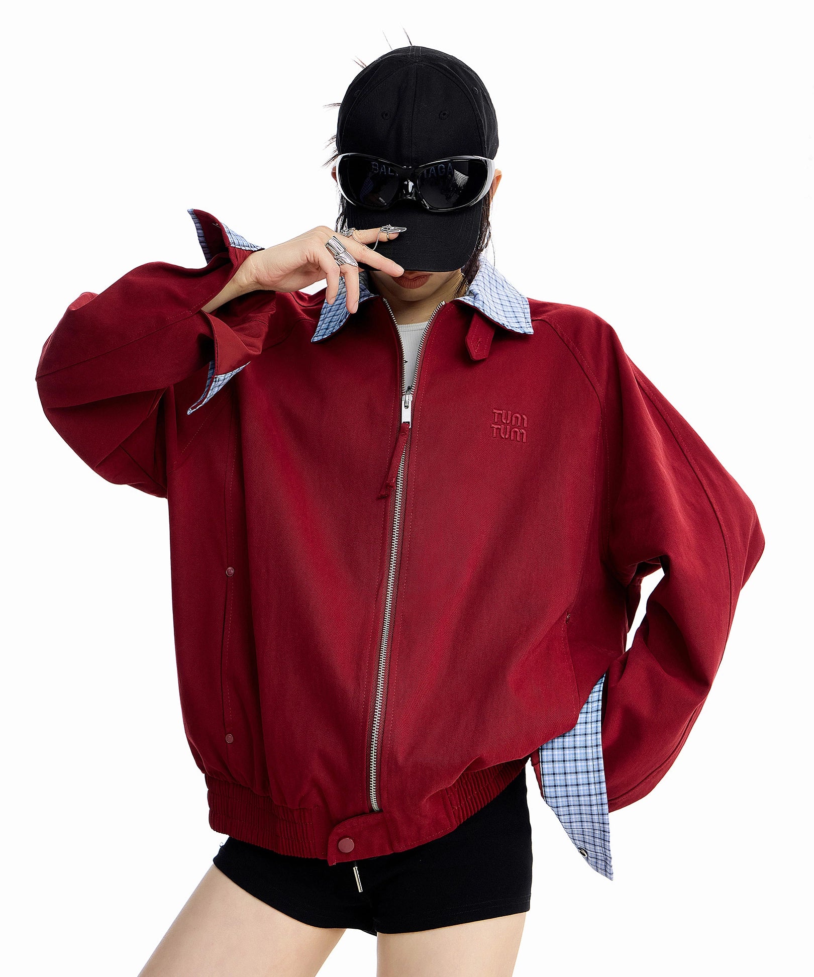 ICH MODE 美式复古格子拼接外套女秋冬宽松开衫夹克运动百搭上衣