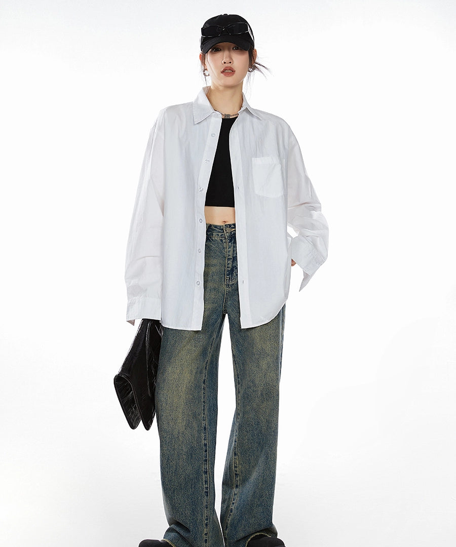 ICH MODE 美式复古白衬衫女夏季新款宽松流行衬衣外套上衣慵懒风