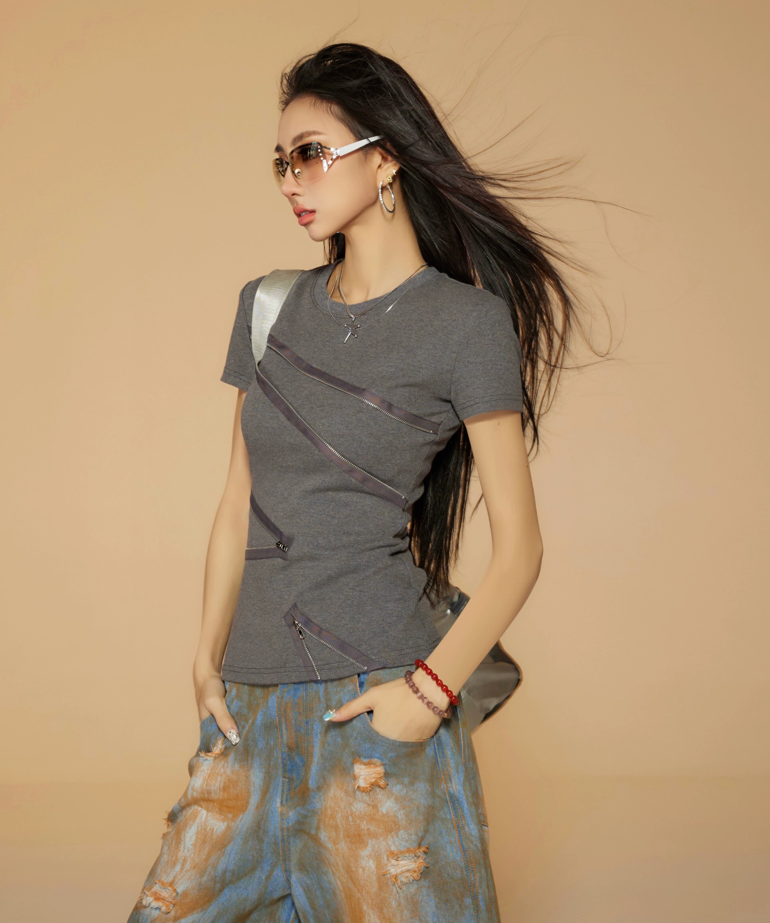 野生zerocircle 黑灰色正肩短袖t恤女夏季辣妹修身设计感拉链上衣