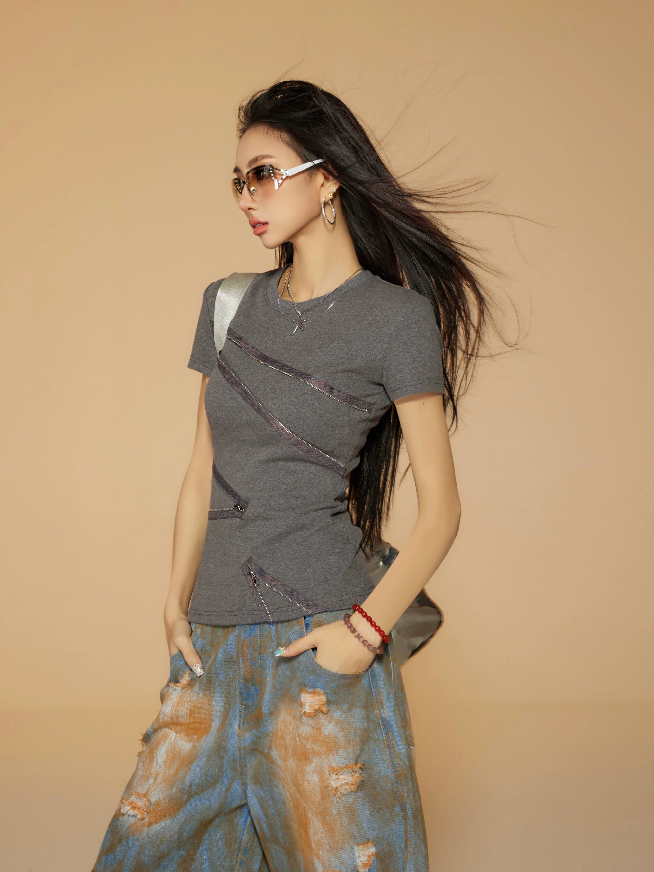 野生zerocircle 黑灰色正肩短袖t恤女夏季辣妹修身设计感拉链上衣