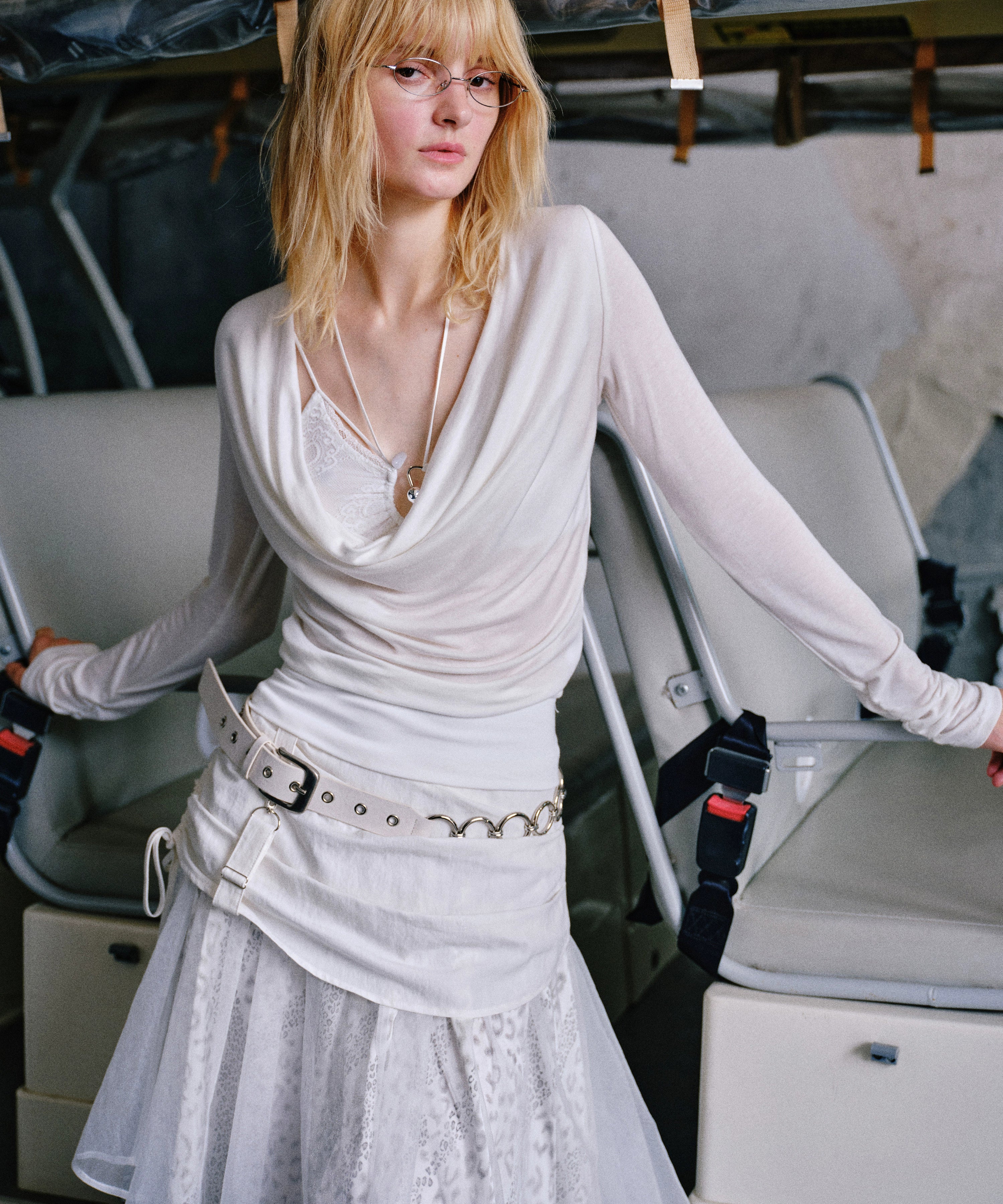 2th Desire 假两件蕾丝内衣拼接莱赛尔荡领修身显瘦长袖T恤上衣女