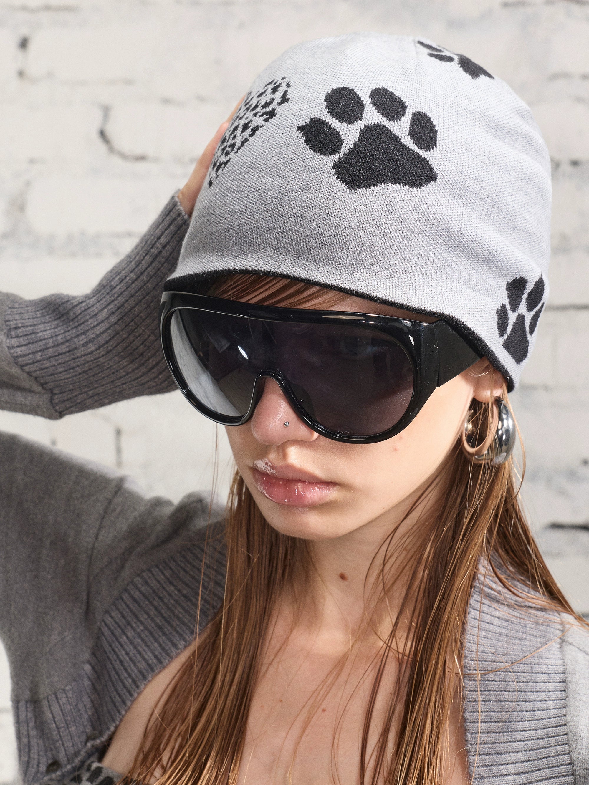 2th Desire设计感撞色印花双面戴针织毛线帽冬季保暖包头帽冷帽