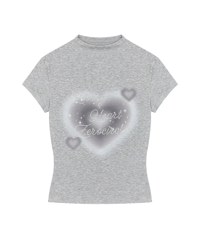 野生zero 灰粉色正肩半高领短袖t恤女夏季甜辣妹修身显瘦印花上衣