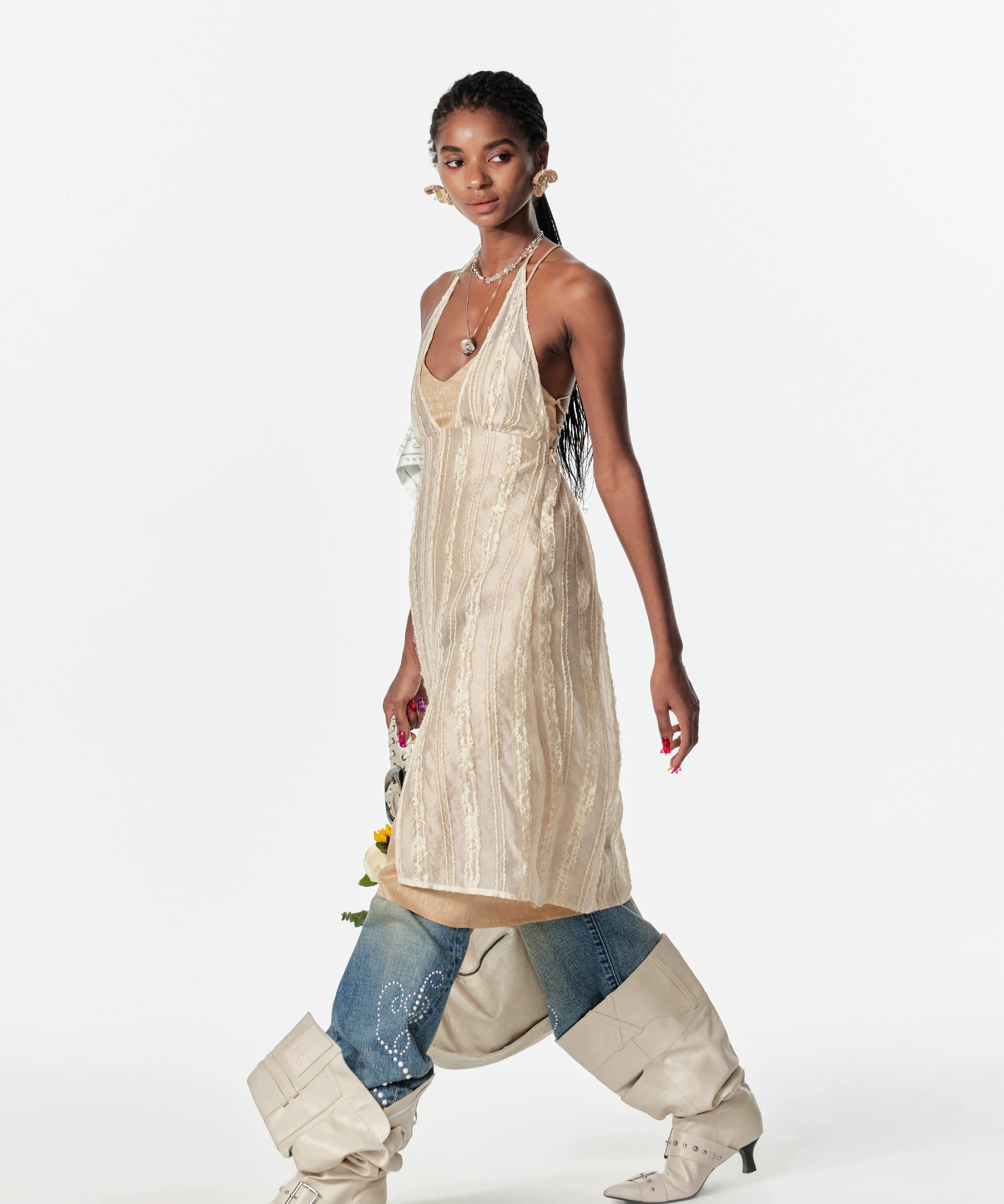 2th Desire假两件双层银丝花边绑带无袖露背度假风吊带裙连衣裙女