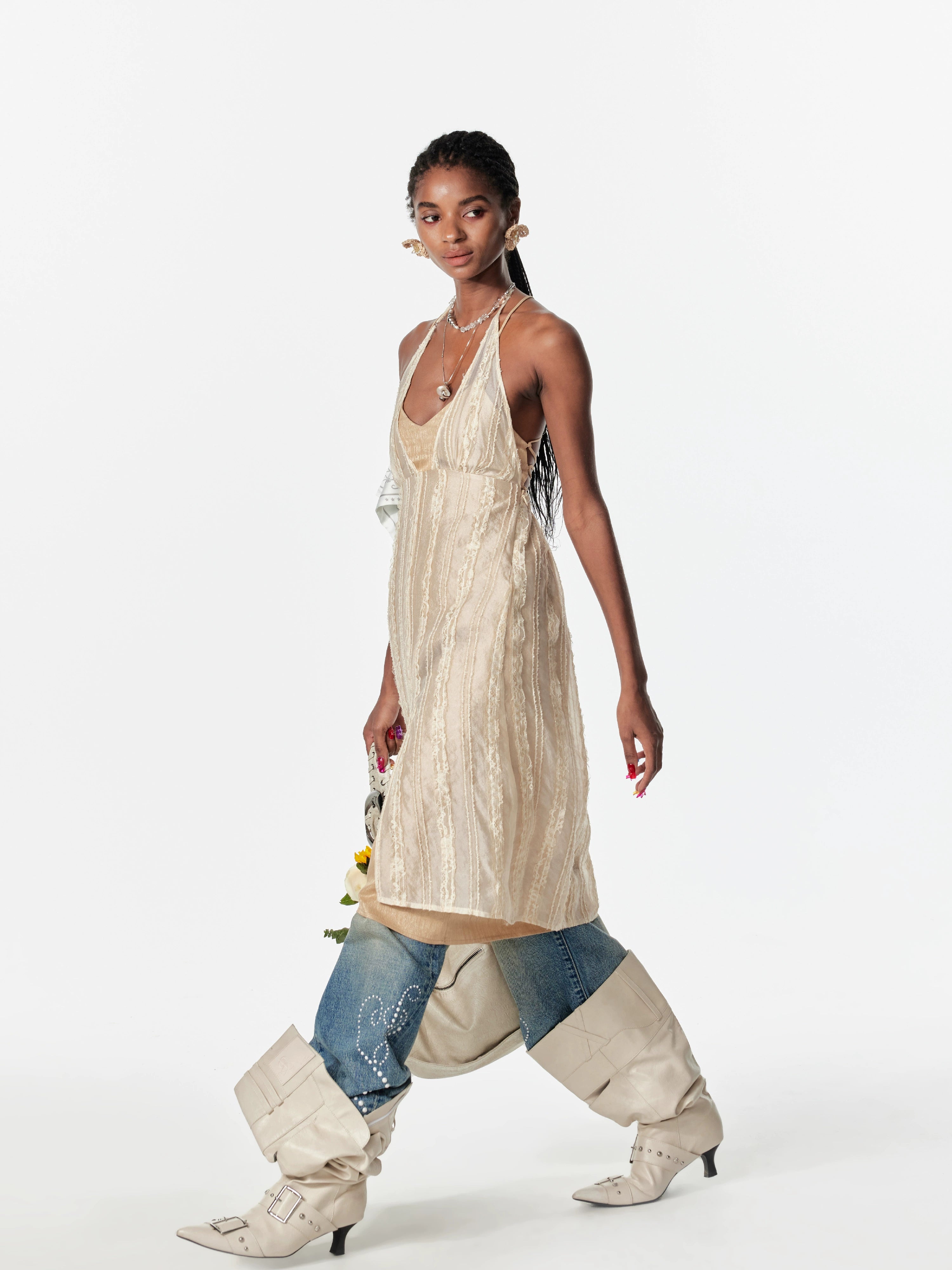 2th Desire假两件双层银丝花边绑带无袖露背度假风吊带裙连衣裙女