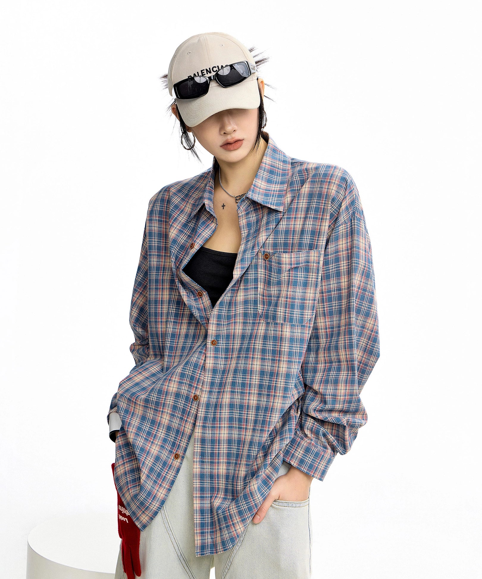 ICH MODE 美式复古格子长袖衬衫女夏季新款百搭休闲衬衣外套上衣