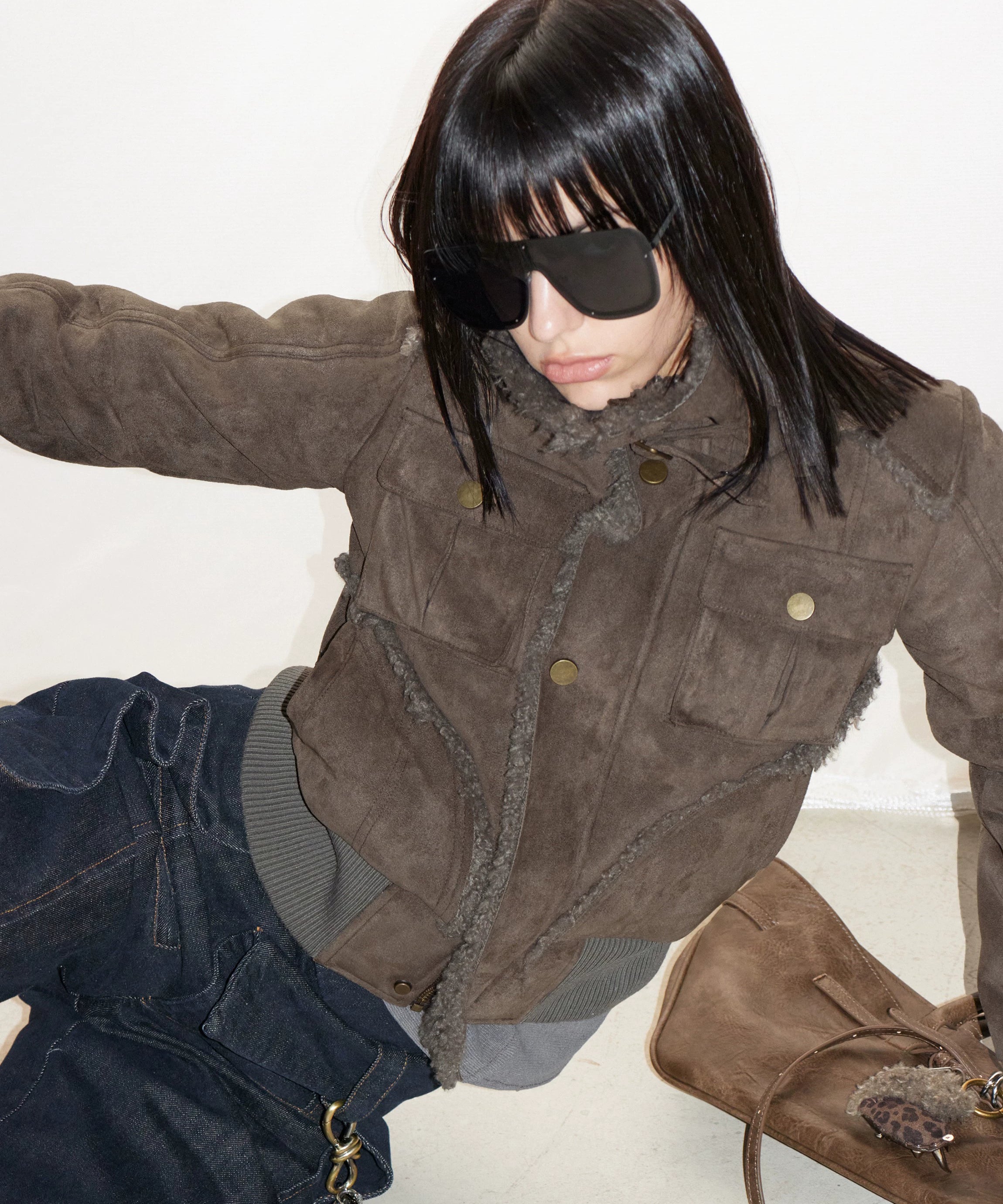 2th Desire原创复古皮毛一体罗纹保暖毛毛翻领短款拉链夹克外套