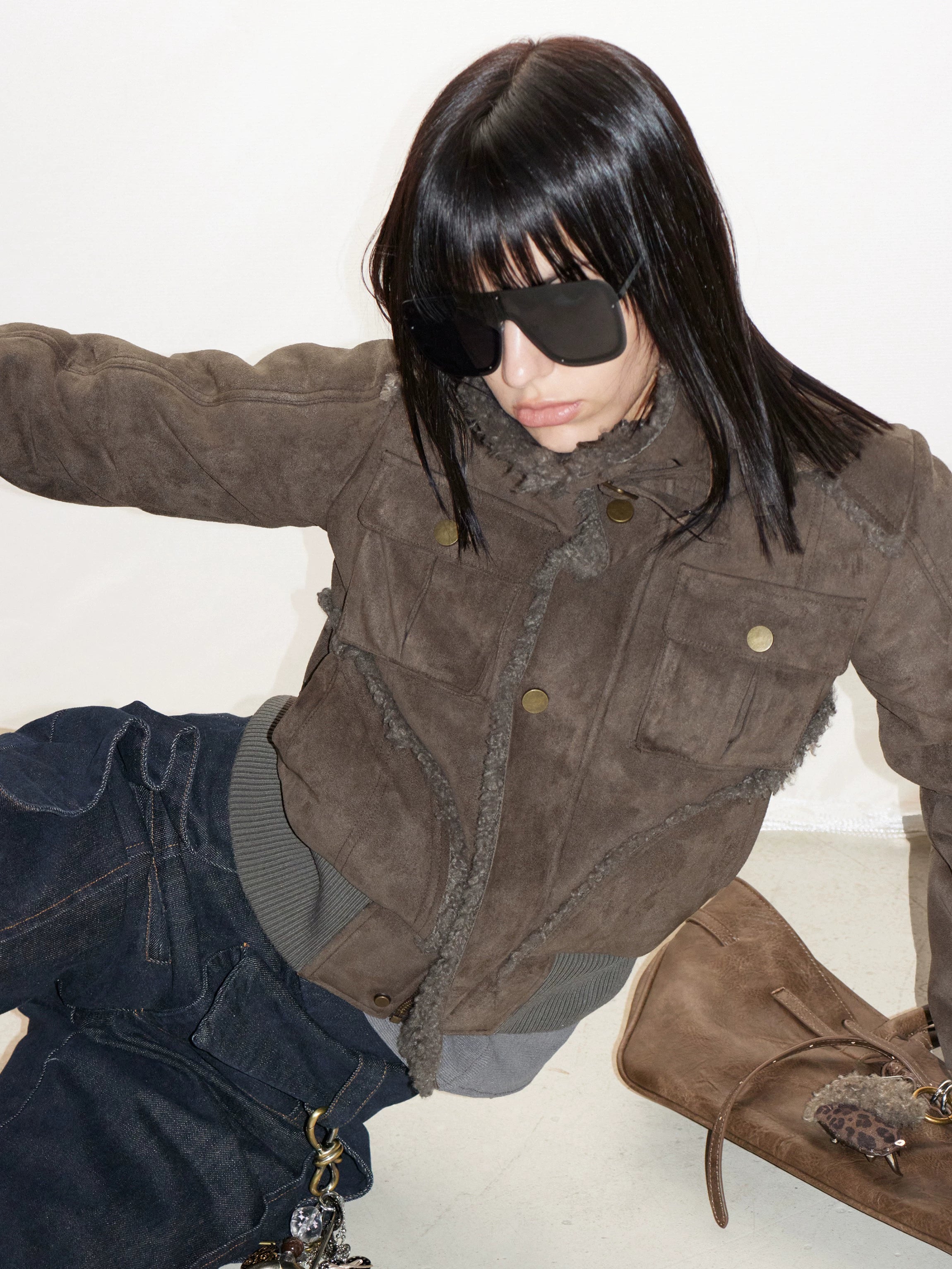 2th Desire原创复古皮毛一体罗纹保暖毛毛翻领短款拉链夹克外套