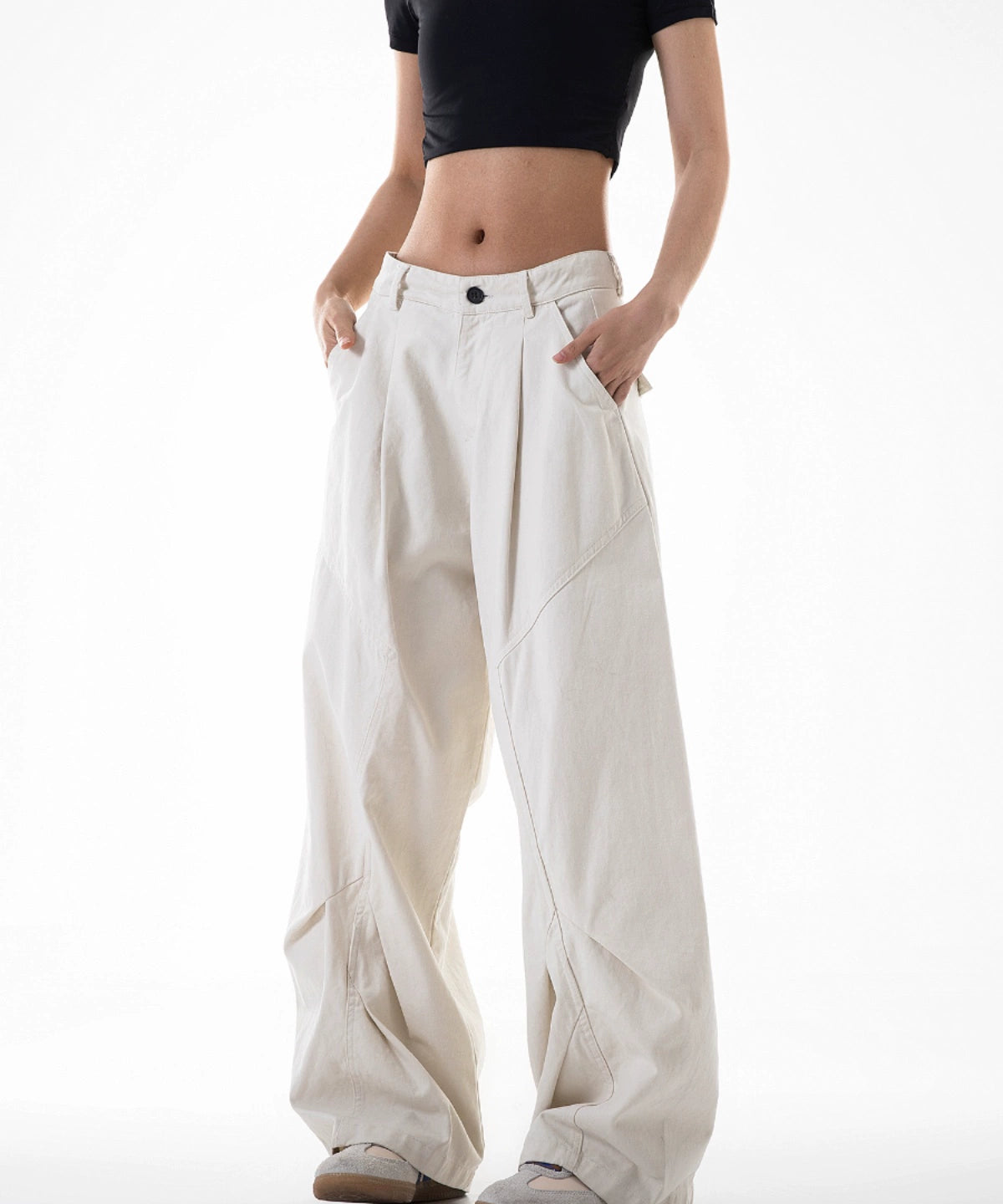 ICH MODE 美式复古白色弯刀裤女夏季宽松bf直筒阔腿裤休闲工装裤