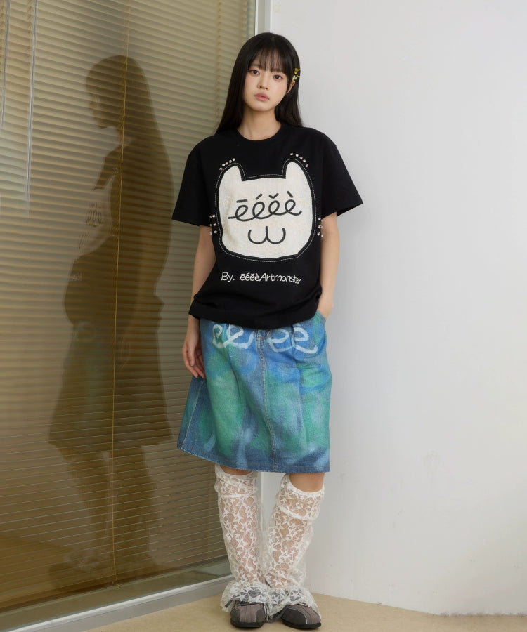 “芭蕾猫咪”｜eeee原创设计感蕾丝贴布绣T恤搞怪钻石猫咪短袖夏