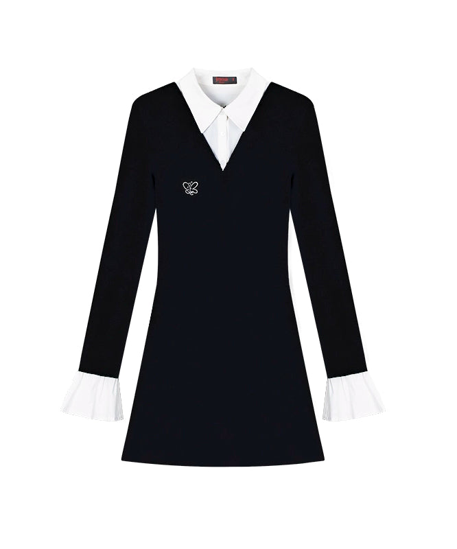 野生zero黑灰色假两件长袖衬衫连衣裙女秋冬款收腰打底针织中裙子