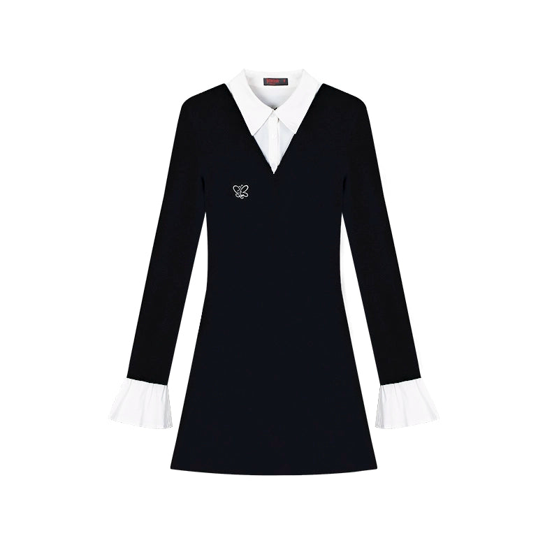 野生zero黑灰色假两件长袖衬衫连衣裙女秋冬款收腰打底针织中裙子