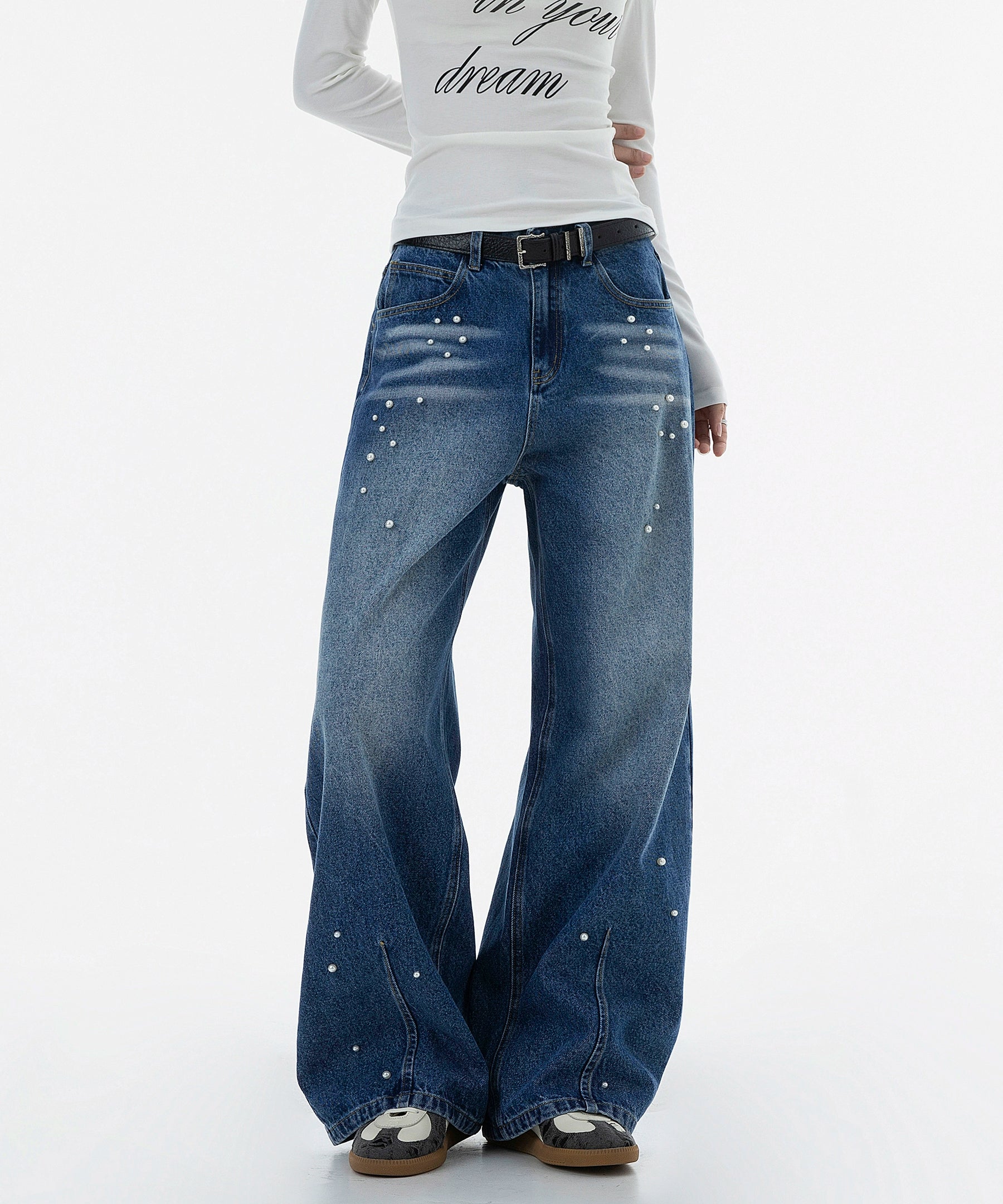 ICH MODE 美式复古珍珠牛仔裤女休闲裤宽松直筒裤子运动裤阔腿裤