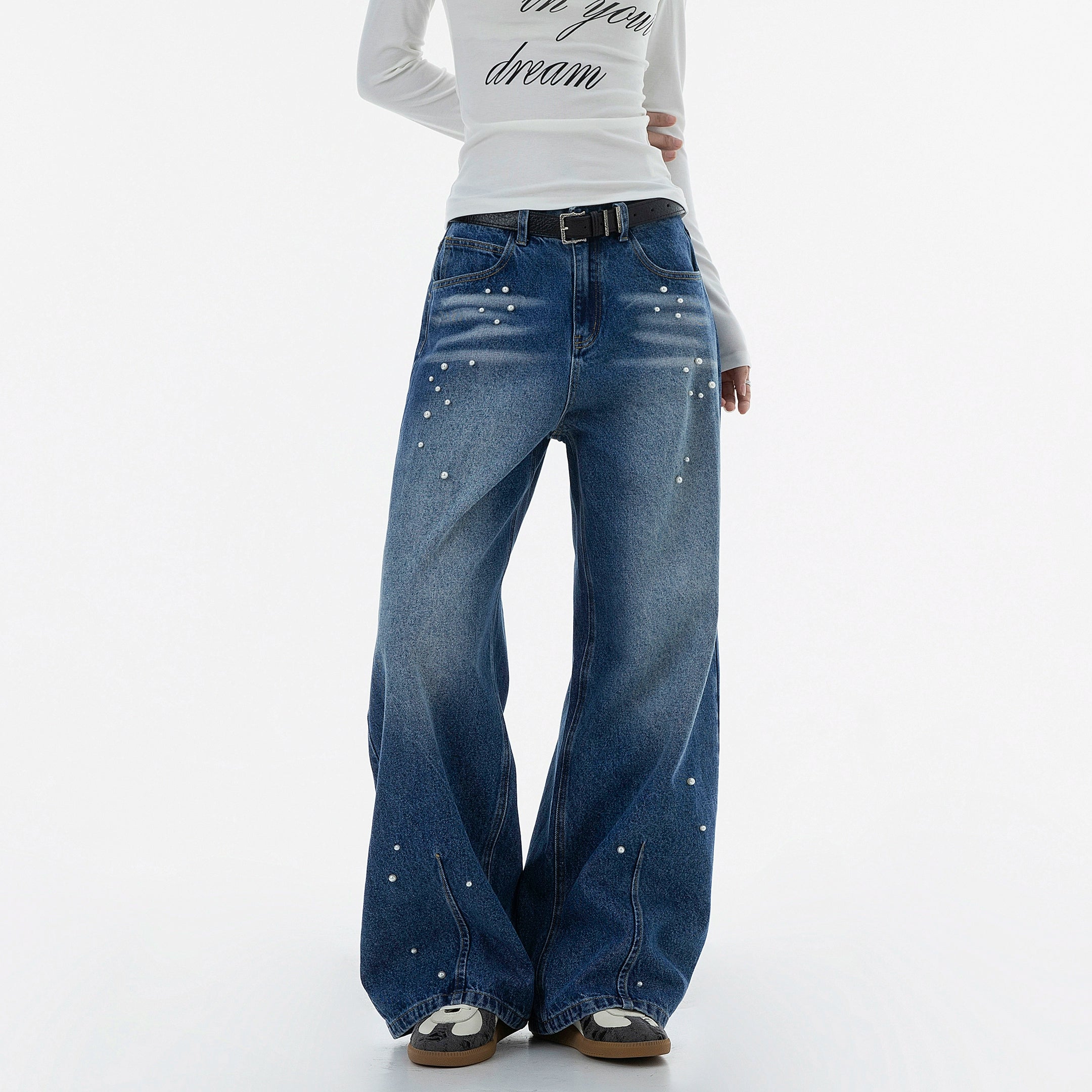 ICH MODE 美式复古珍珠牛仔裤女休闲裤宽松直筒裤子运动裤阔腿裤