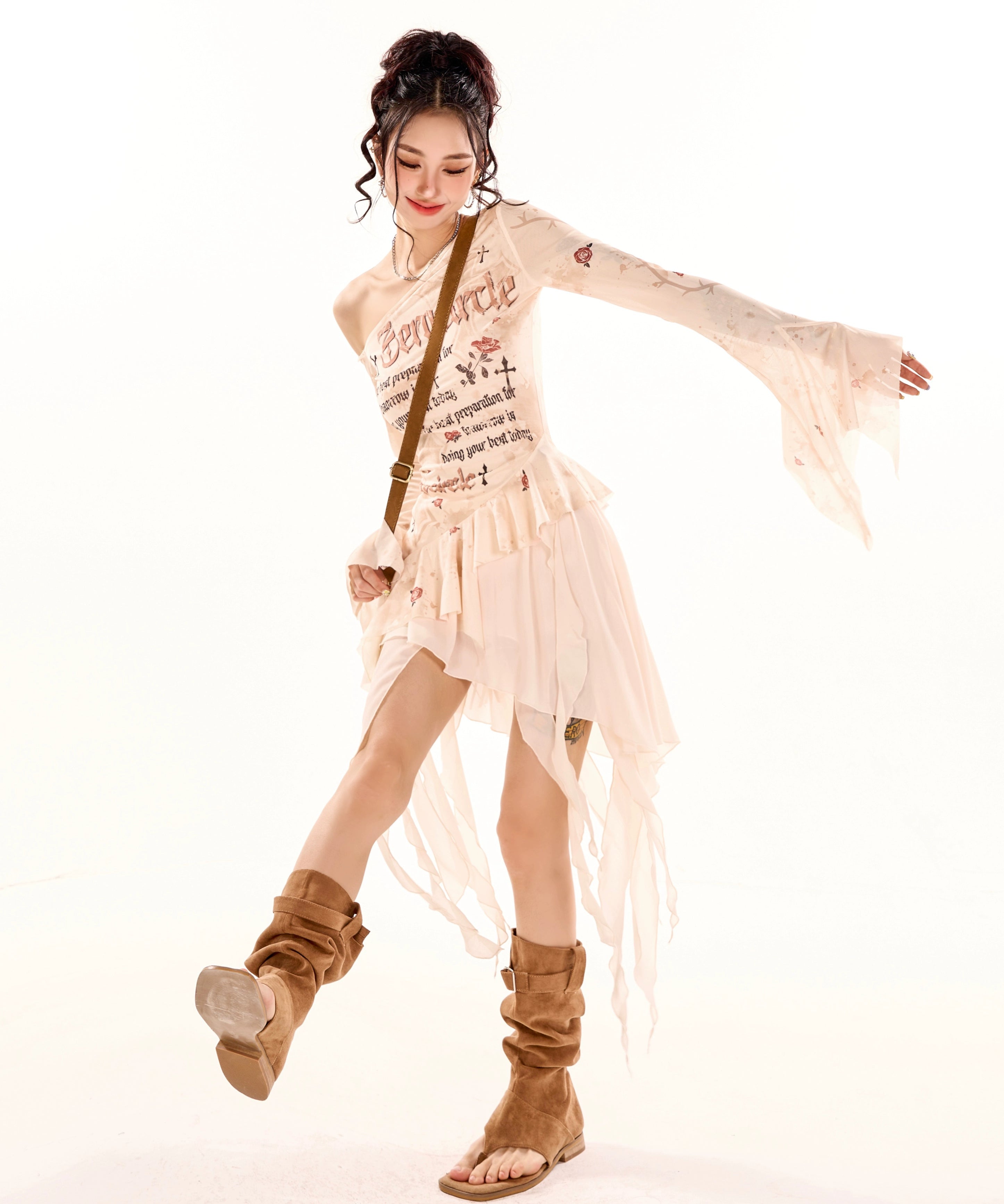 野生zerocircle 杏色不规则半身裙女春夏a字显瘦设计感雪纺短裙子