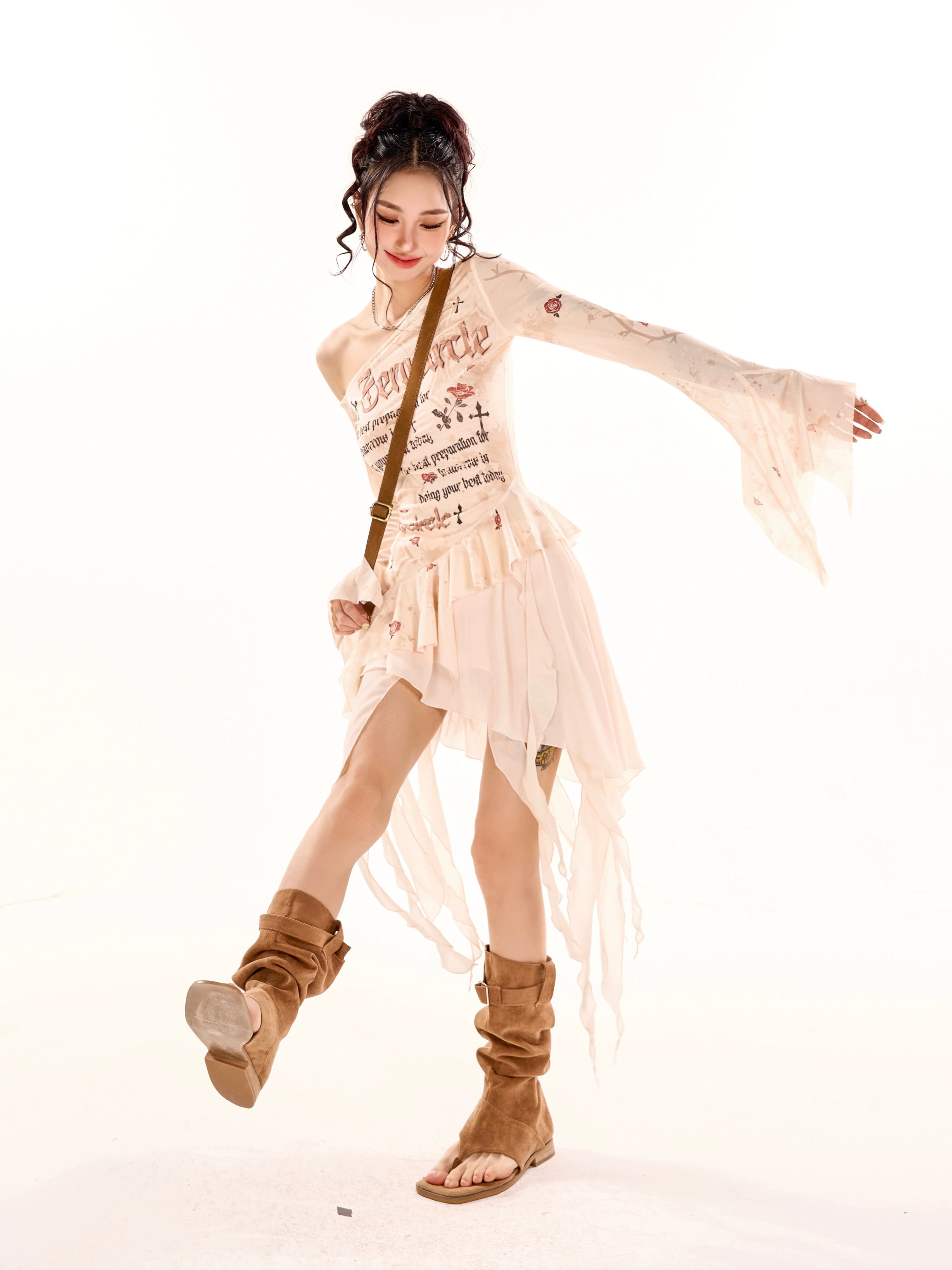 野生zerocircle 杏色不规则半身裙女春夏a字显瘦设计感雪纺短裙子