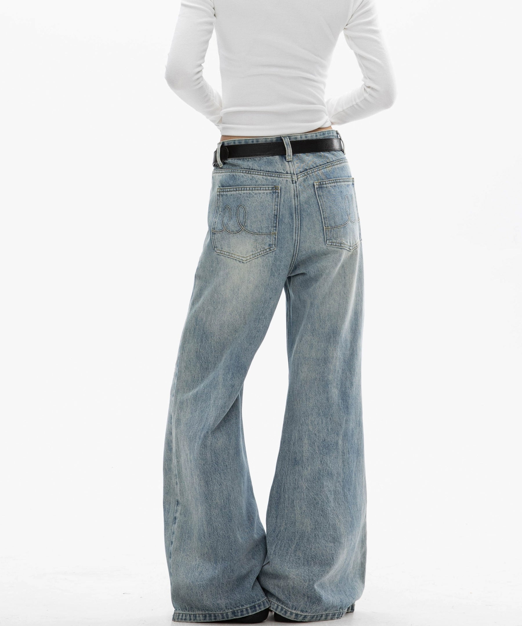 ICH MODE 美式复古水洗牛仔裤女微喇裤宽松直筒裤百搭休闲阔腿裤