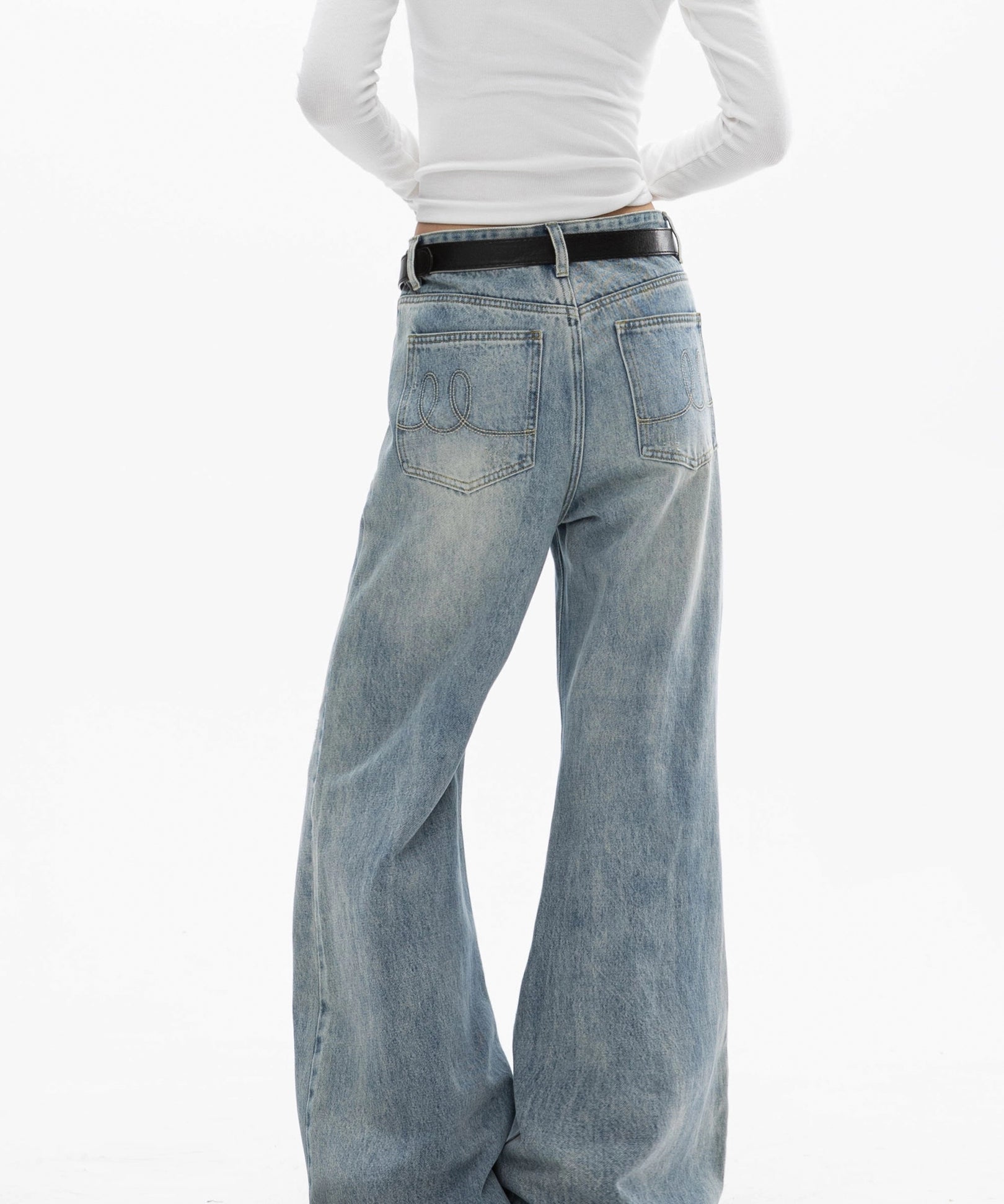 ICH MODE 美式复古水洗牛仔裤女微喇裤宽松直筒裤百搭休闲阔腿裤