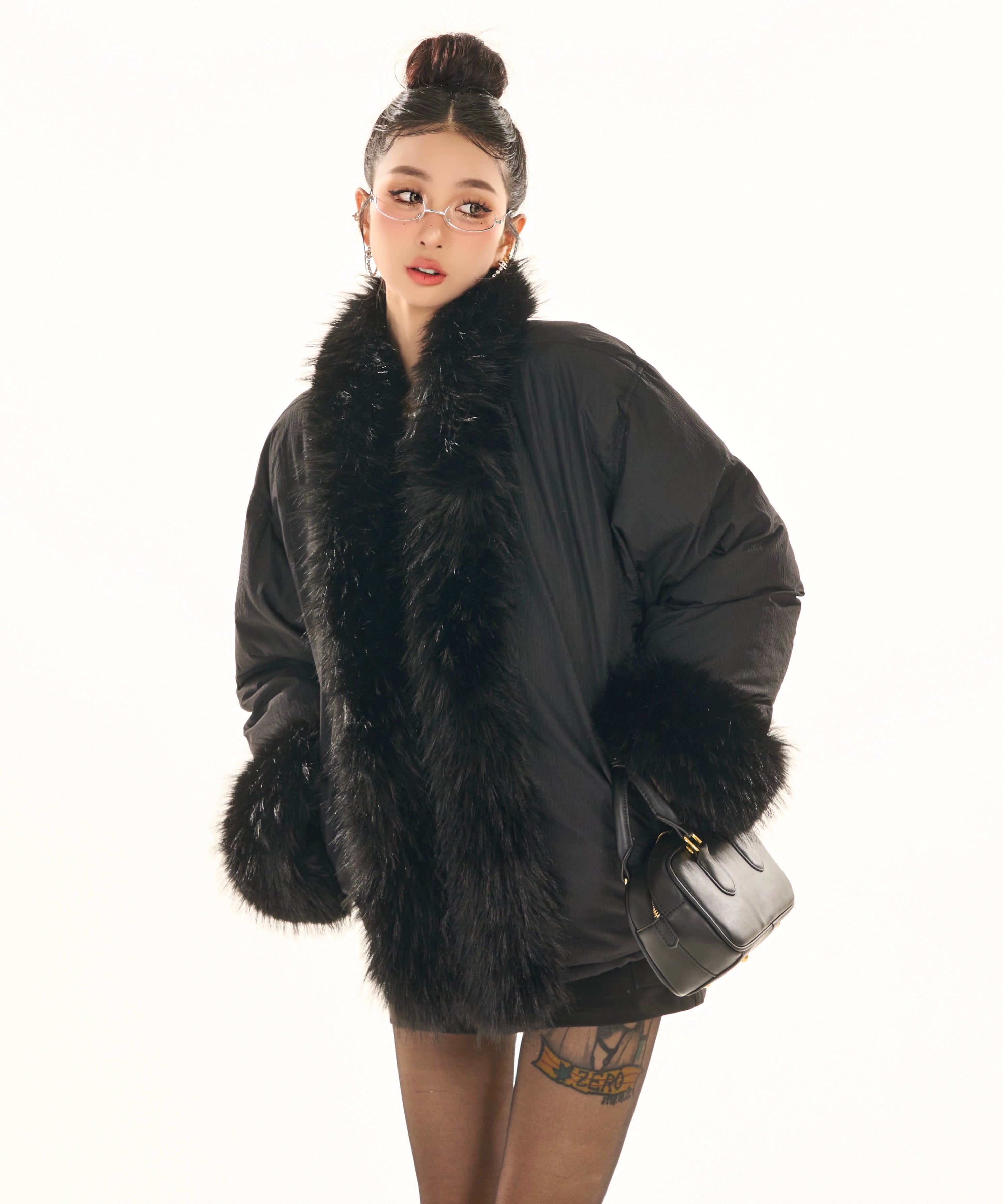 野生zerocircle黑色鸭绒毛领羽绒服女冬季设计感小众宽松加厚外套