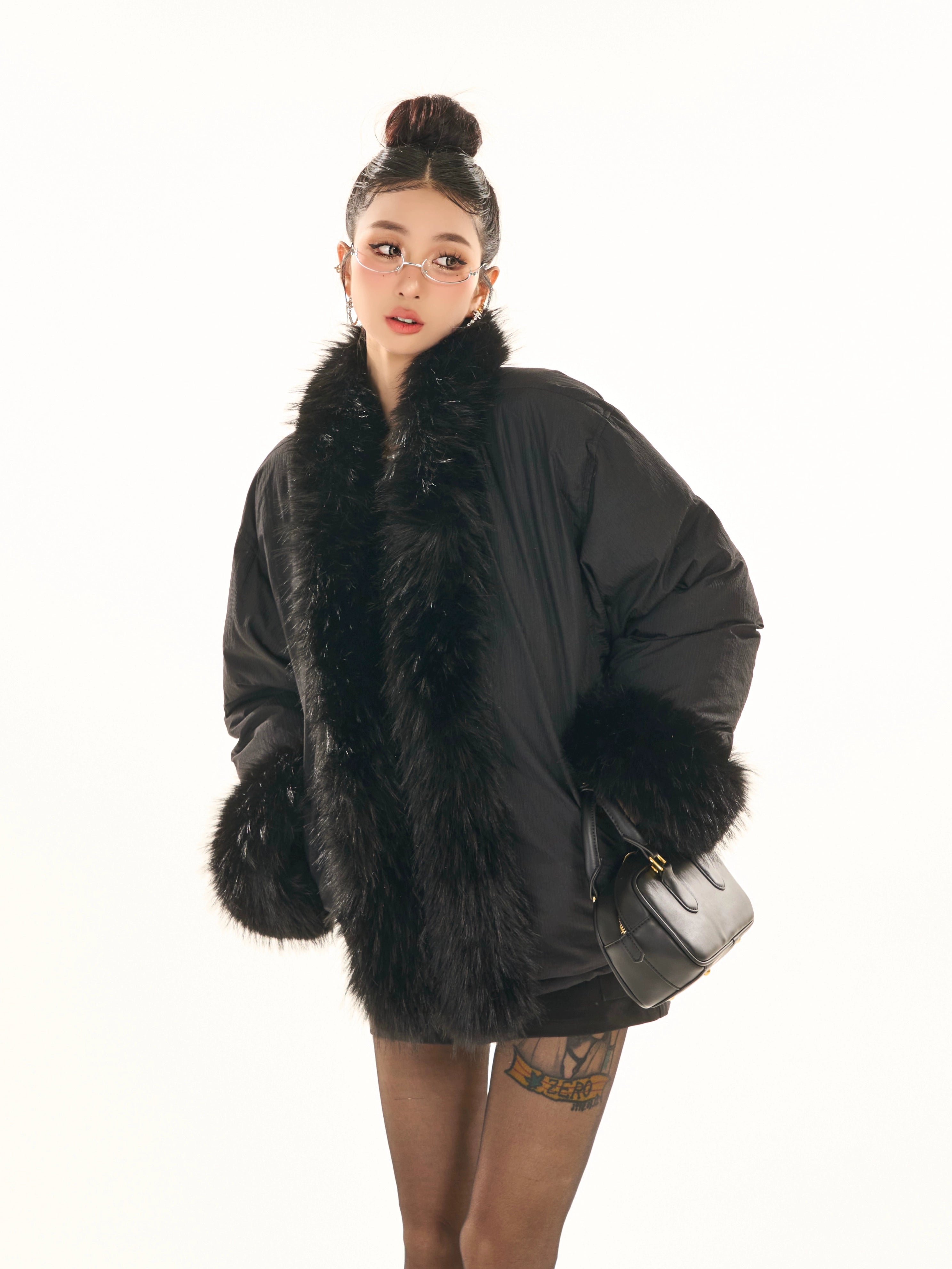 野生zerocircle黑色鸭绒毛领羽绒服女冬季设计感小众宽松加厚外套