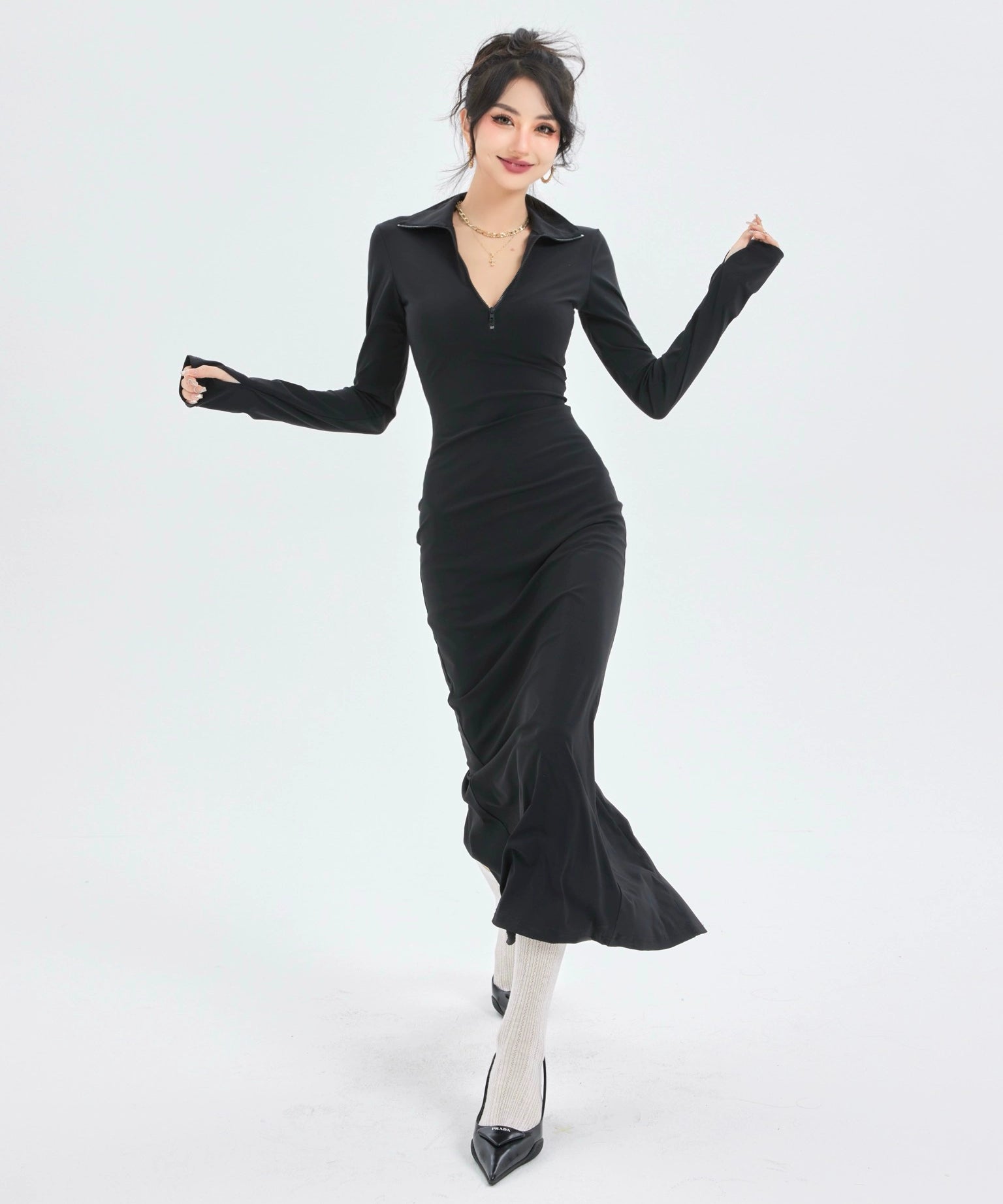 野生zerocircle黑色针织辣妹连衣裙女春收腰紧身包臀开叉中长裙子