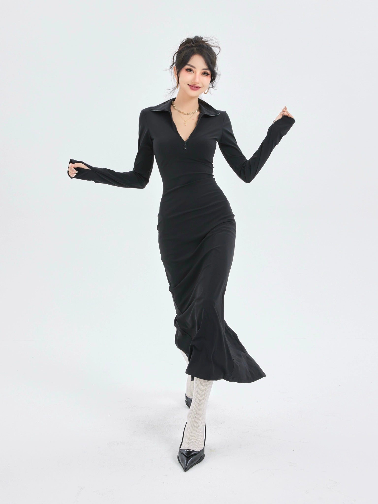 野生zerocircle黑色针织辣妹连衣裙女春收腰紧身包臀开叉中长裙子