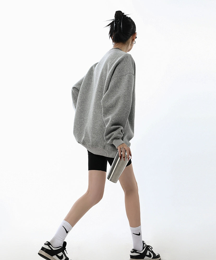 ICH MODE 美式圆领灰色卫衣女秋冬新款宽松慵懒纯色套头外套上衣