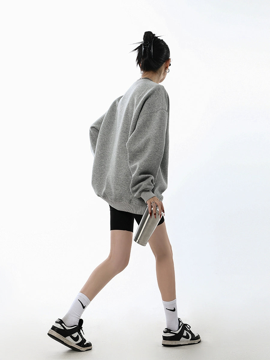 ICH MODE 美式圆领灰色卫衣女秋冬新款宽松慵懒纯色套头外套上衣