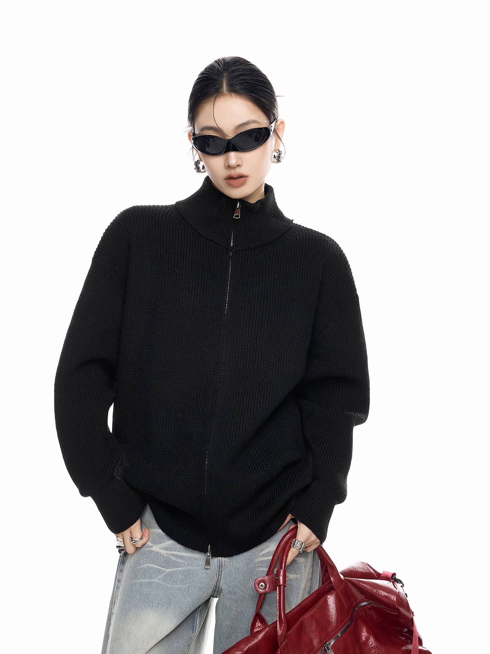 ICH MODE 美式复古立领双拉链针织开衫女秋冬季休闲慵懒毛衣外套