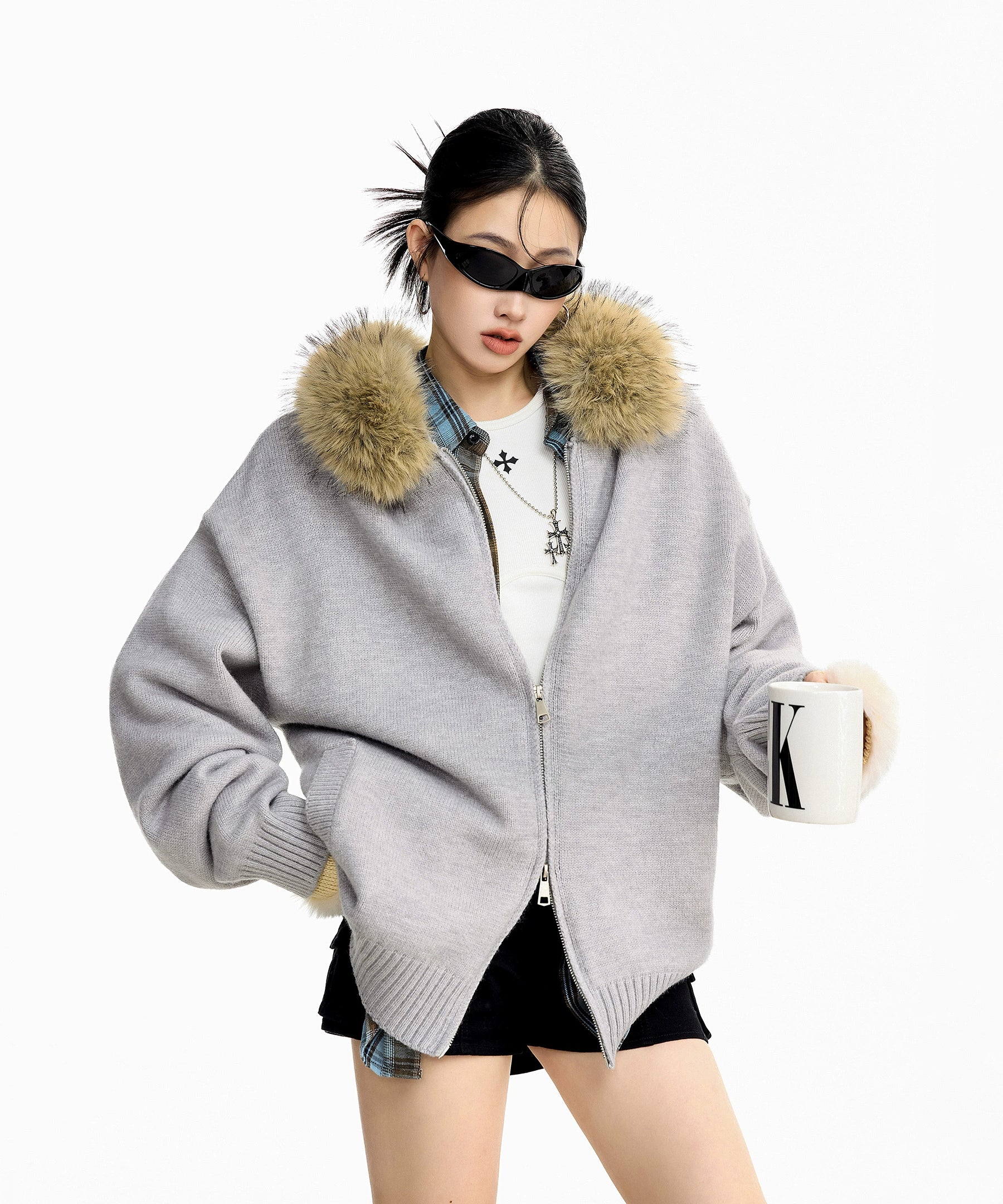 ICH MODE 美式复古毛领毛衣外套女秋冬宽松开衫连帽毛针织衫上衣