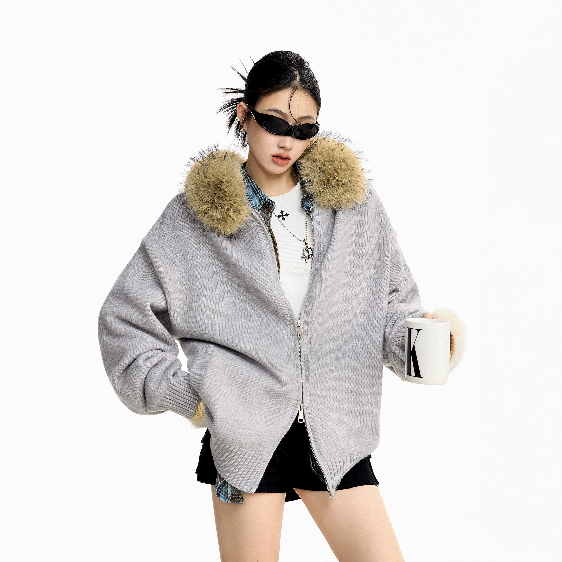 ICH MODE 美式复古毛领毛衣外套女秋冬宽松开衫连帽毛针织衫上衣