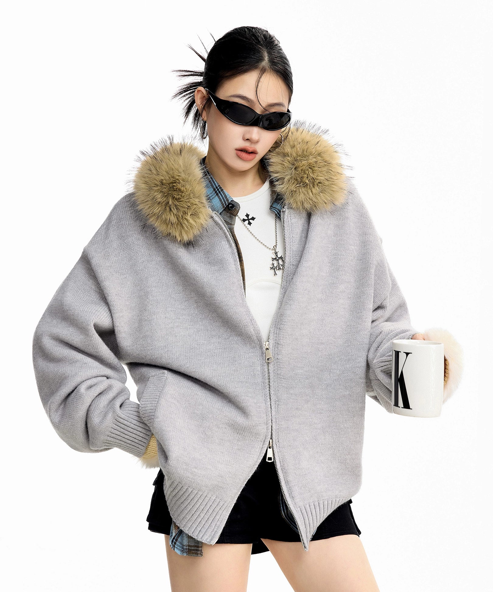 ICH MODE 美式复古毛领毛衣外套女秋冬宽松开衫连帽毛针织衫上衣