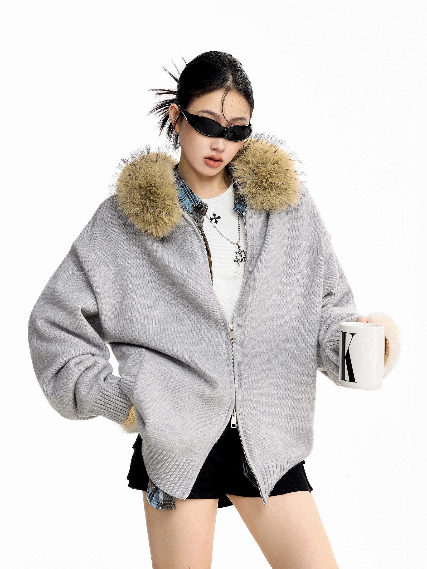 ICH MODE 美式复古毛领毛衣外套女秋冬宽松开衫连帽毛针织衫上衣