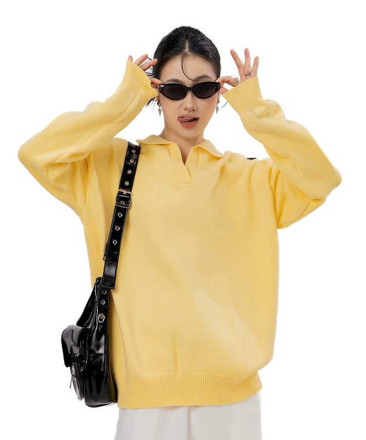 ICH MODE 美式V领套头毛衣外套女秋冬季新款休闲慵懒毛针织衫上衣