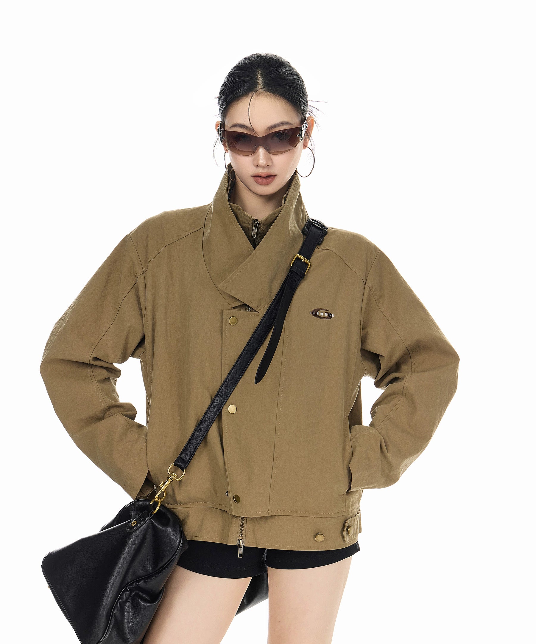 ICH MODE 美式复古假两件短款风衣外套女秋冬巴恩风开衫翻领夹克