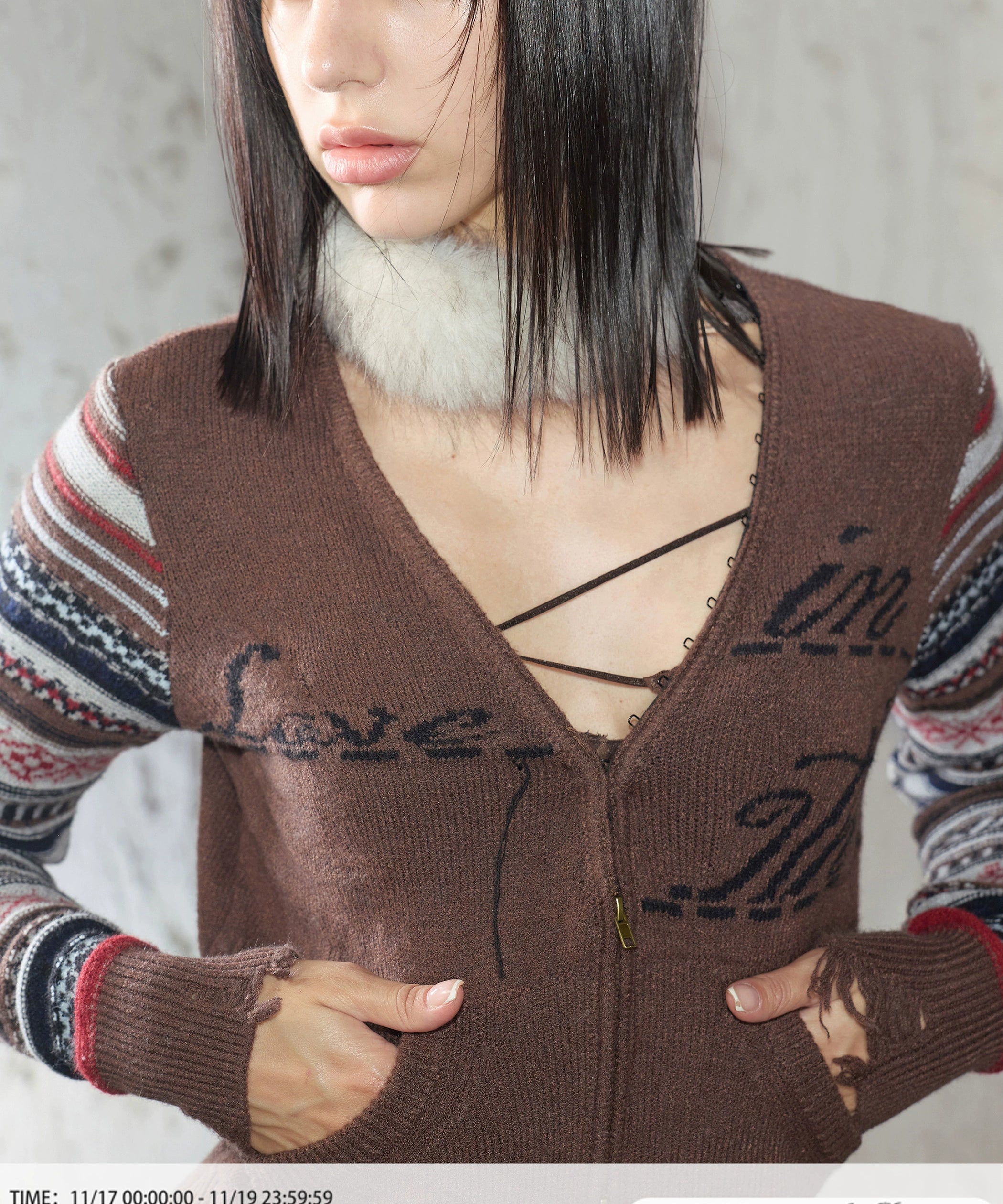 2th Desire费尔岛复古条纹提花字母v领修身针织开衫双头拉链外套