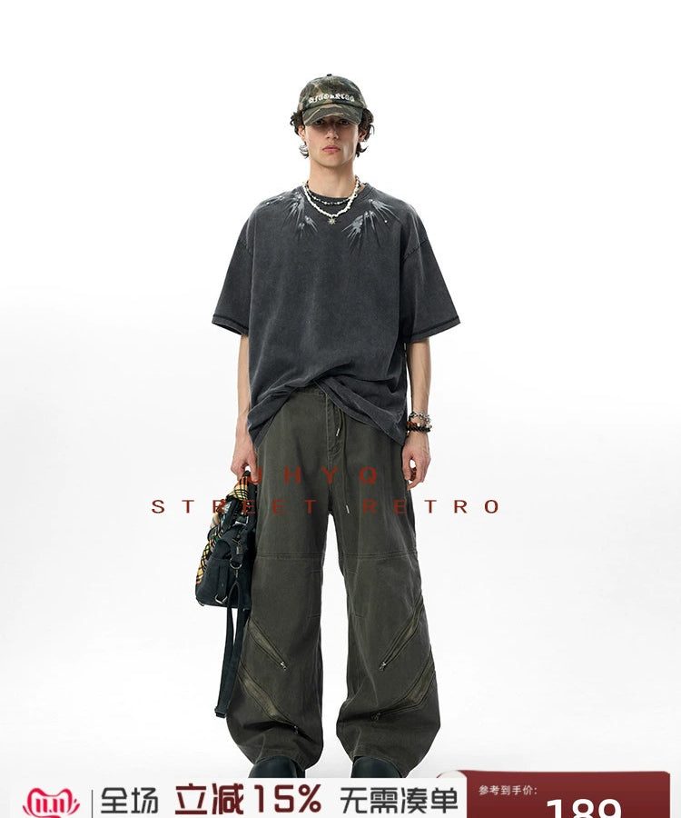 【燕尾】JHYQ美式水洗做旧印花镶钻短袖T恤男宽松重磅圆领上衣夏