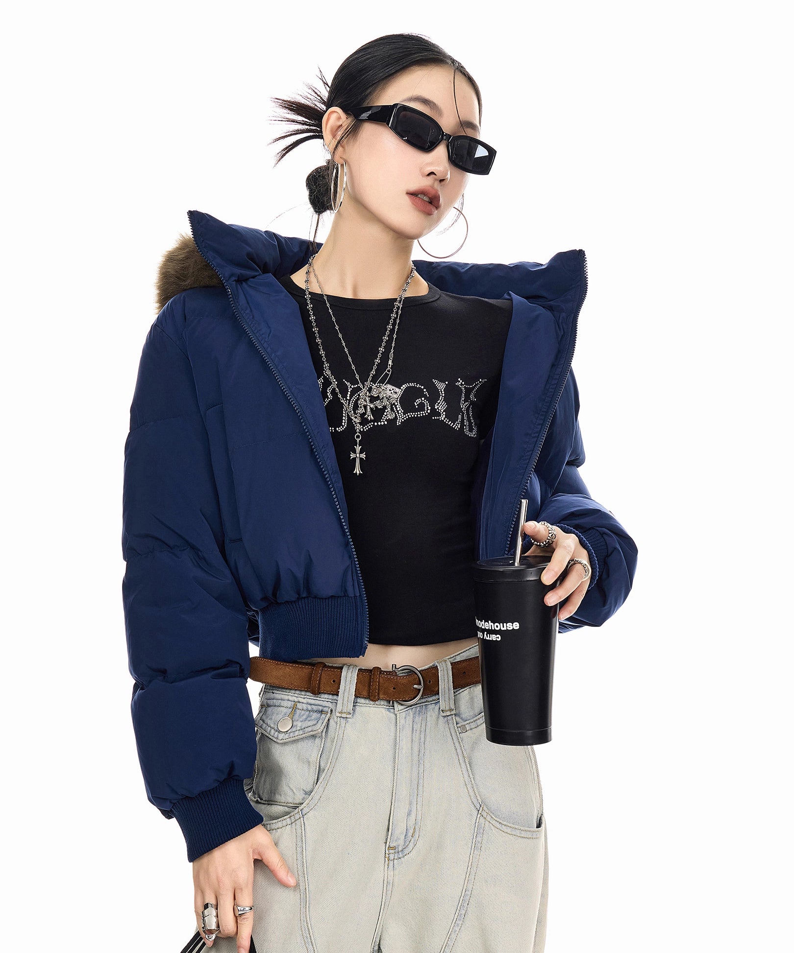 ICH MODE 美式复古大毛领连帽棉服女2025新款秋冬季修身开衫棉袄