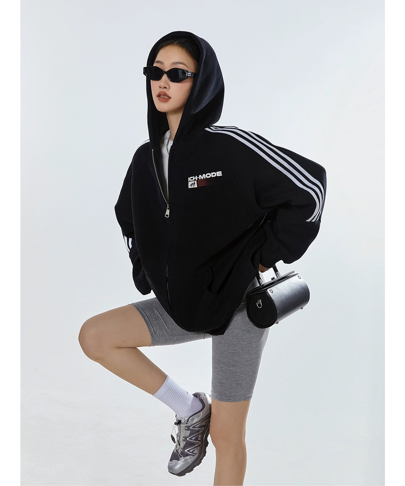 ICH MODE 400G质感条纹运动休闲美式卫衣开衫简约街头潮牌外套女