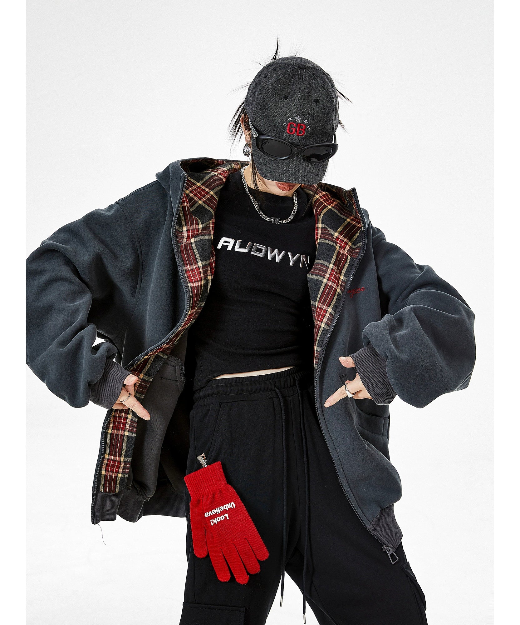 ICH MODE 明星同款 美式格子拼接卫衣外套女秋冬季运动开衫上衣