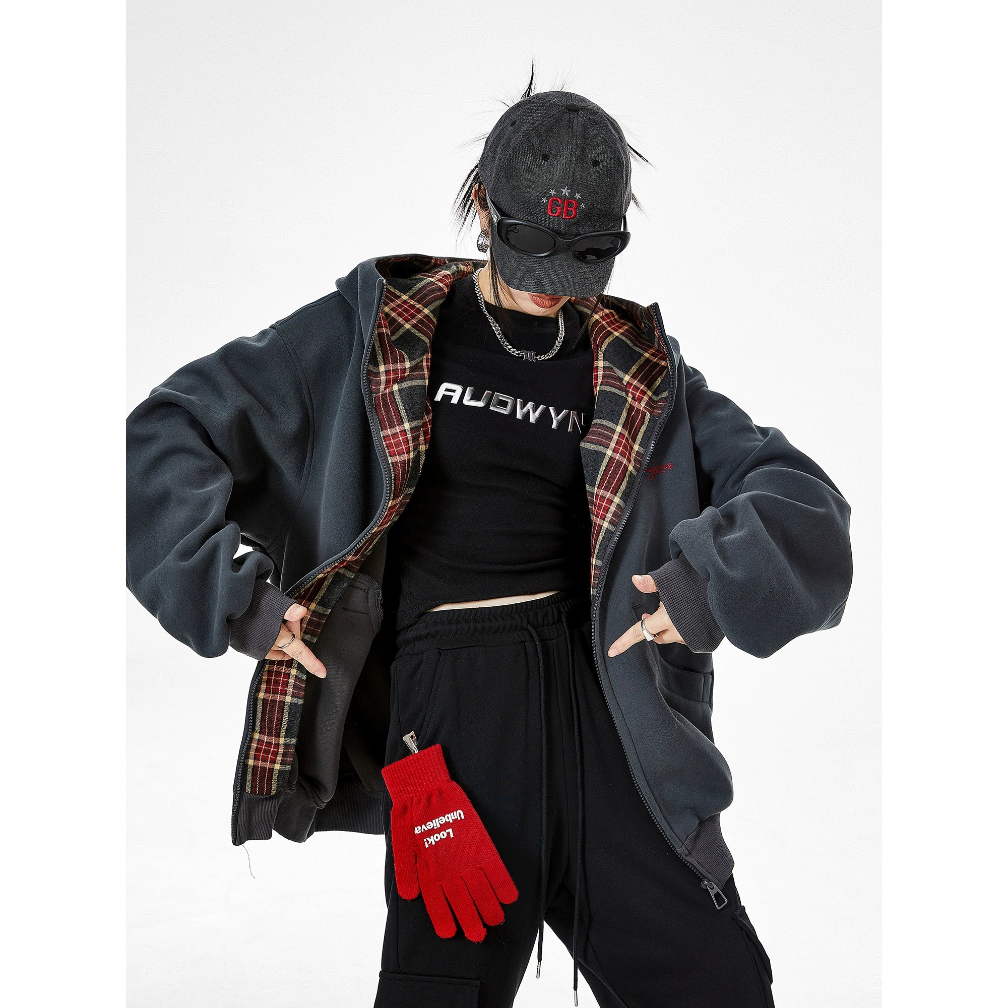 ICH MODE 明星同款 美式格子拼接卫衣外套女秋冬季运动开衫上衣