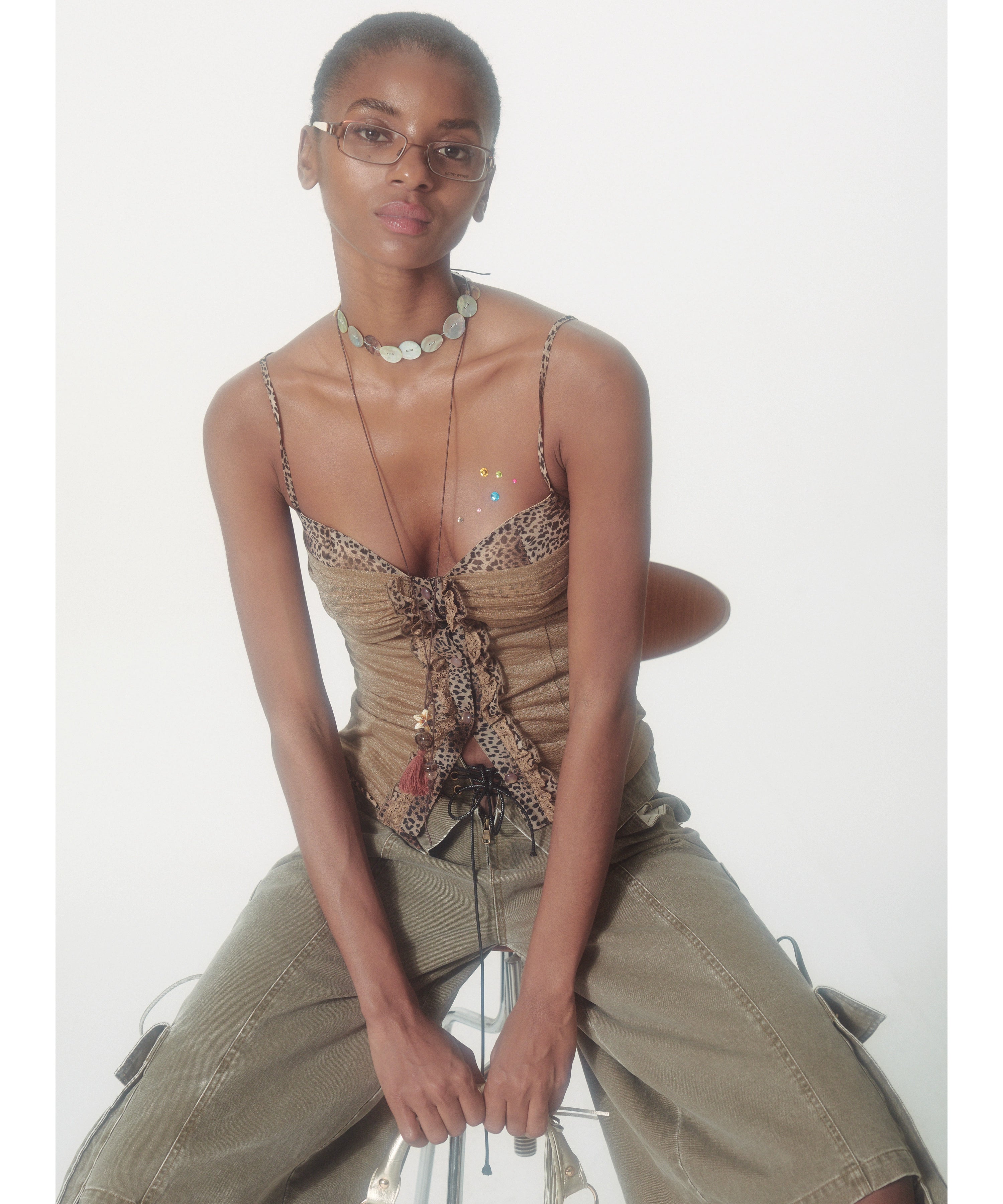 2th Desire亮闪修身曲线豹纹肌理荷叶边蕾丝花边拼接针织吊带背心