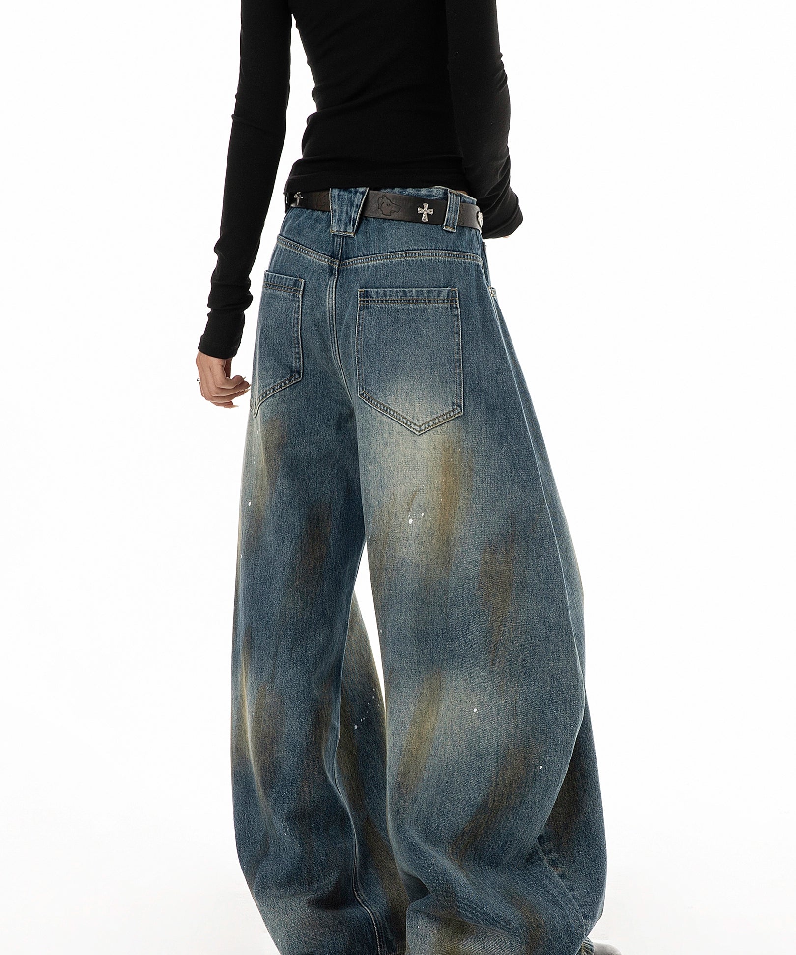 ICH MODE 美式复古做旧牛仔裤女夏季宽松直筒裤休闲阔腿弯刀裤子