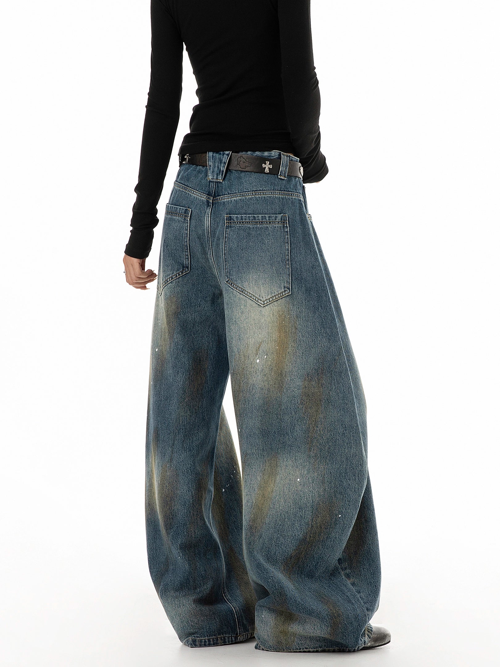 ICH MODE 美式复古做旧牛仔裤女夏季宽松直筒裤休闲阔腿弯刀裤子